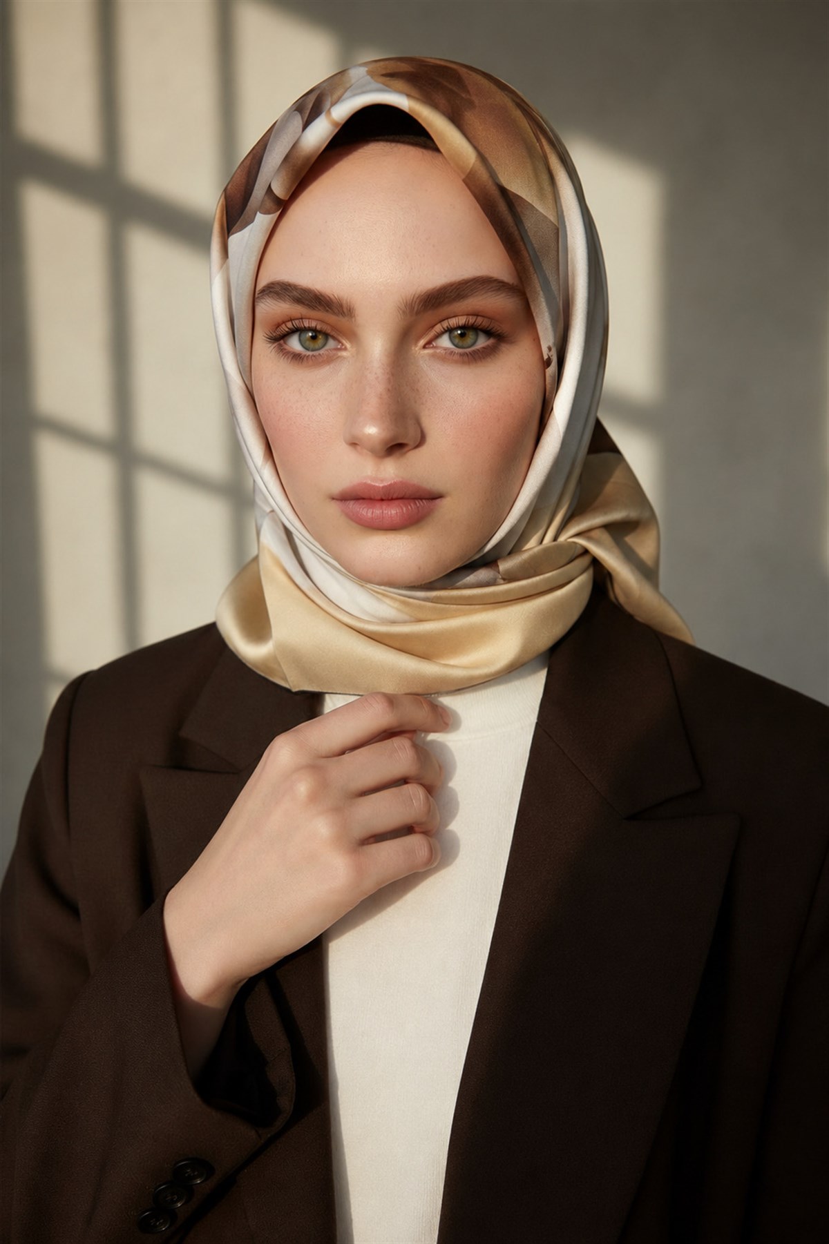 %100 Twill İpek Büyük Çiçek Desenli Sütlü Kahve - Vizon Renkli 90x90 Eşarp Dikim Şekli : El Dikişi
