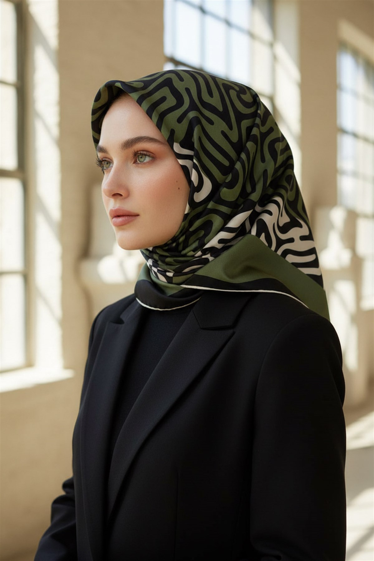 100% Twill İpek Bordürlü Dalga Desenli Siyah - Haki Renkli 90x90 Dikim Şekli : El Dikişi Eşarp