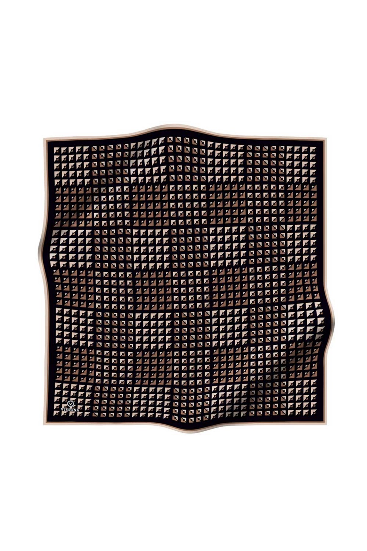 %100 Twill İpek Geometrik Desenli Sütlü Kahve - Bej Renkli 90x90 Eşarp Dikim Şekli : El Dikişi