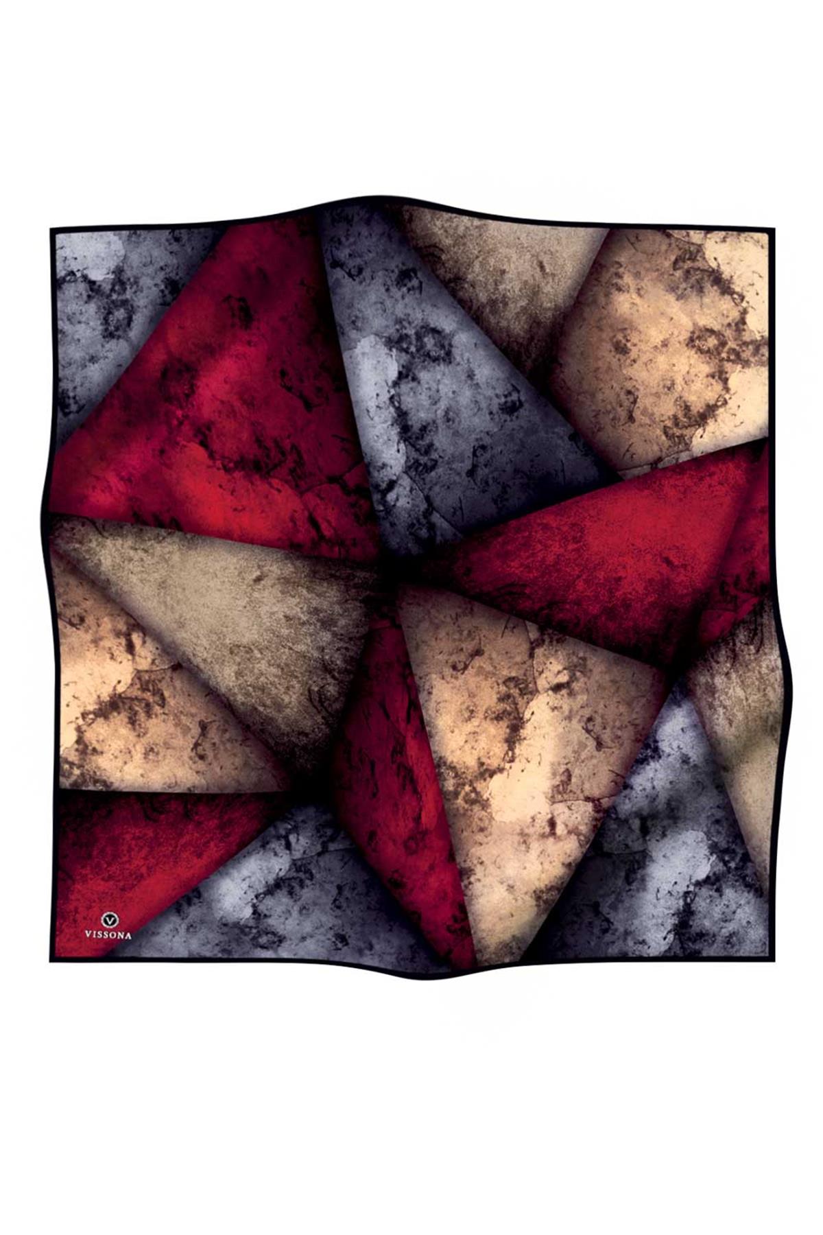 %100 Twill İpek Dokulu Ve Geometrik Desenli Bordo - Gri Renkli 90x90 Eşarp Dikim Şekli : El Dikişi