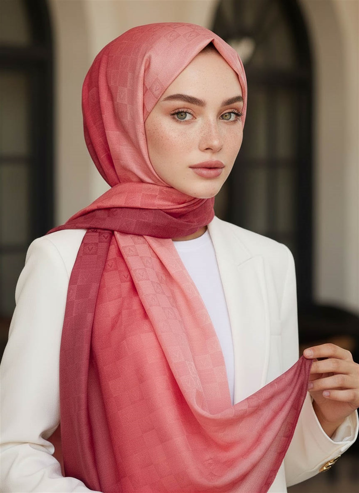 Vissona %57 İPEK %43 PAMUK Degrade Desenli Pudra Renkli Şal -  70x190 Dikiş Tipi İtalyan Dikişli