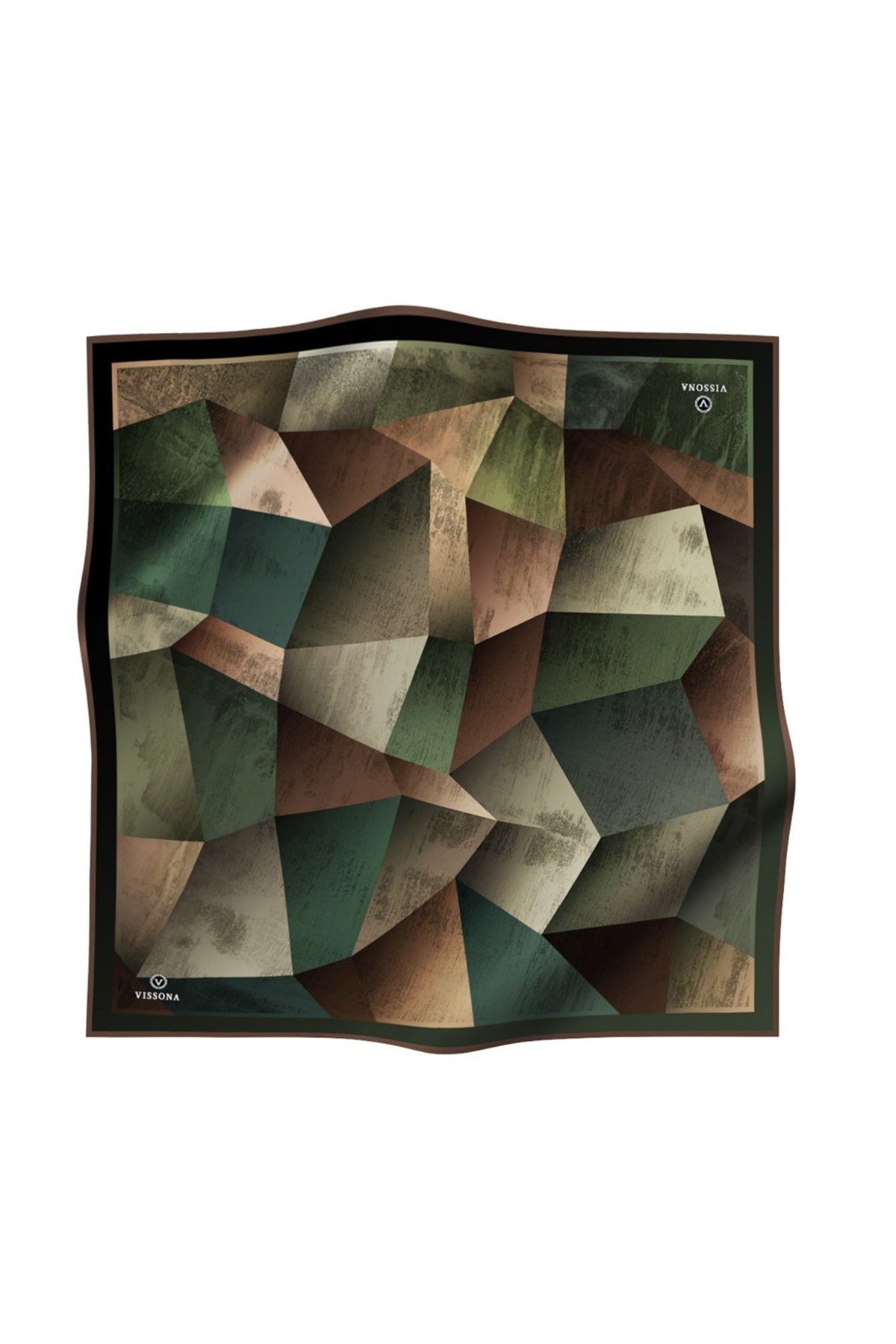 %100 Twill İpek Geometrik Desenli Haki - Sütlü Kahve Renkli 90x90 Eşarp Dikim Şekli : El Dikişi