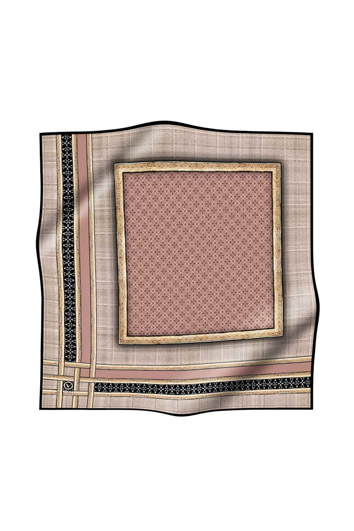 Twill Gold Bordürlü Geometrik Desenli Pudra Renkli 90x90 Eşarp (İpek İçermez) Kenar Dikiş Şekli El Dikişli