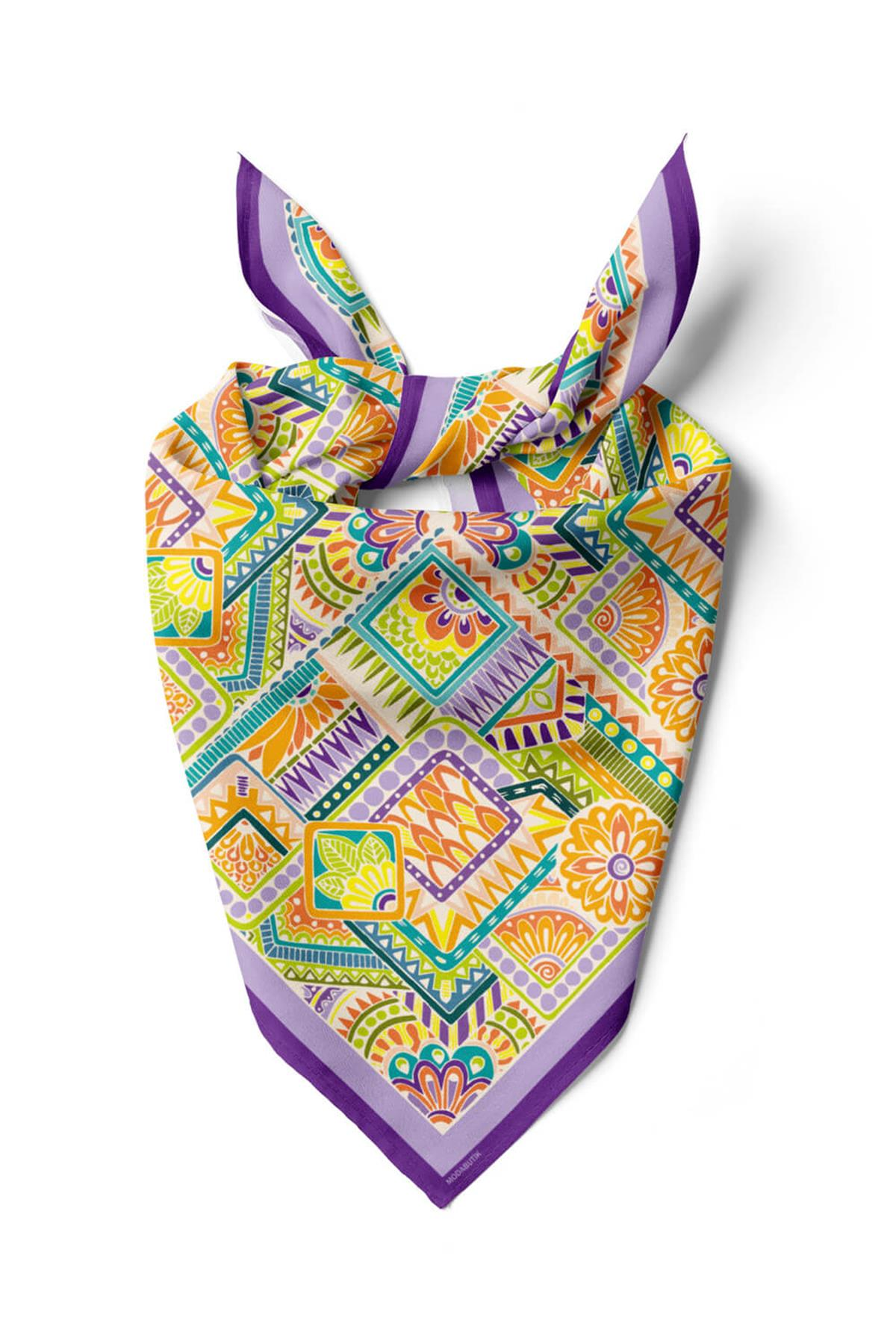 B72 Kadın Lila Sweat Patch Desenli 50x50 Bandana HYL DG0643-22