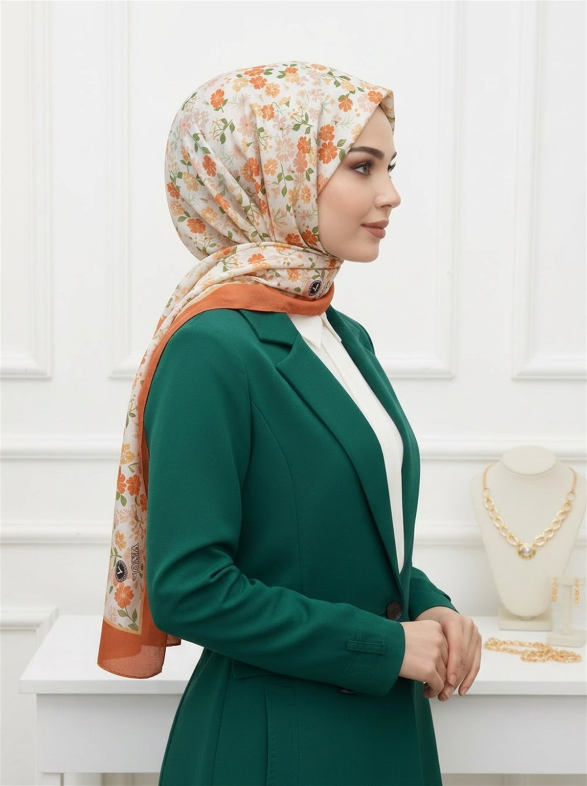 %100 Saf İpek Şal İnce Saten Vual Dokuma Çıtır Çiçek Desenli Taba Renkli 90x210 Şal