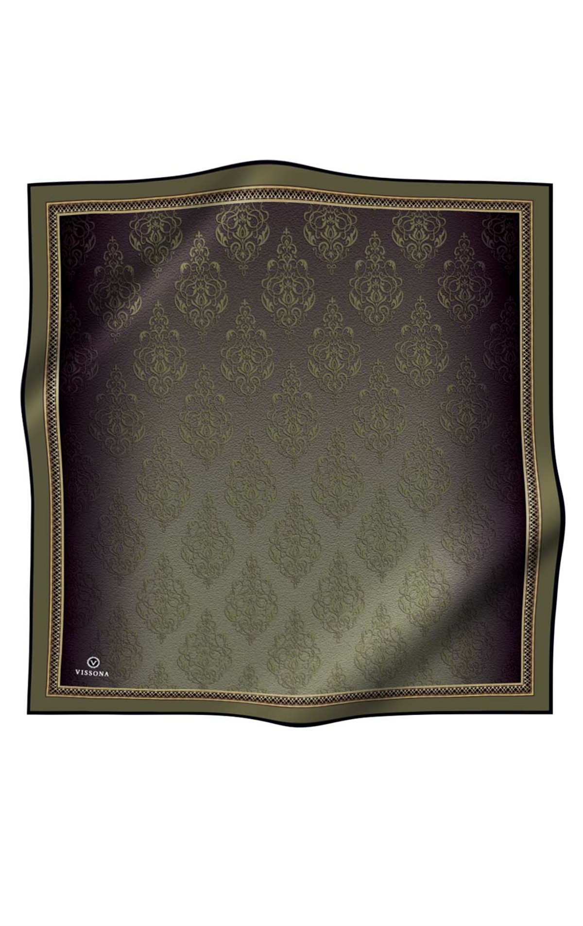 % 57 İPEK % 43 VİSKON Twill Barok Desenli Haki Yeşili Renkli 90x90 Eşarp Dikim Şekli: El Dikişi