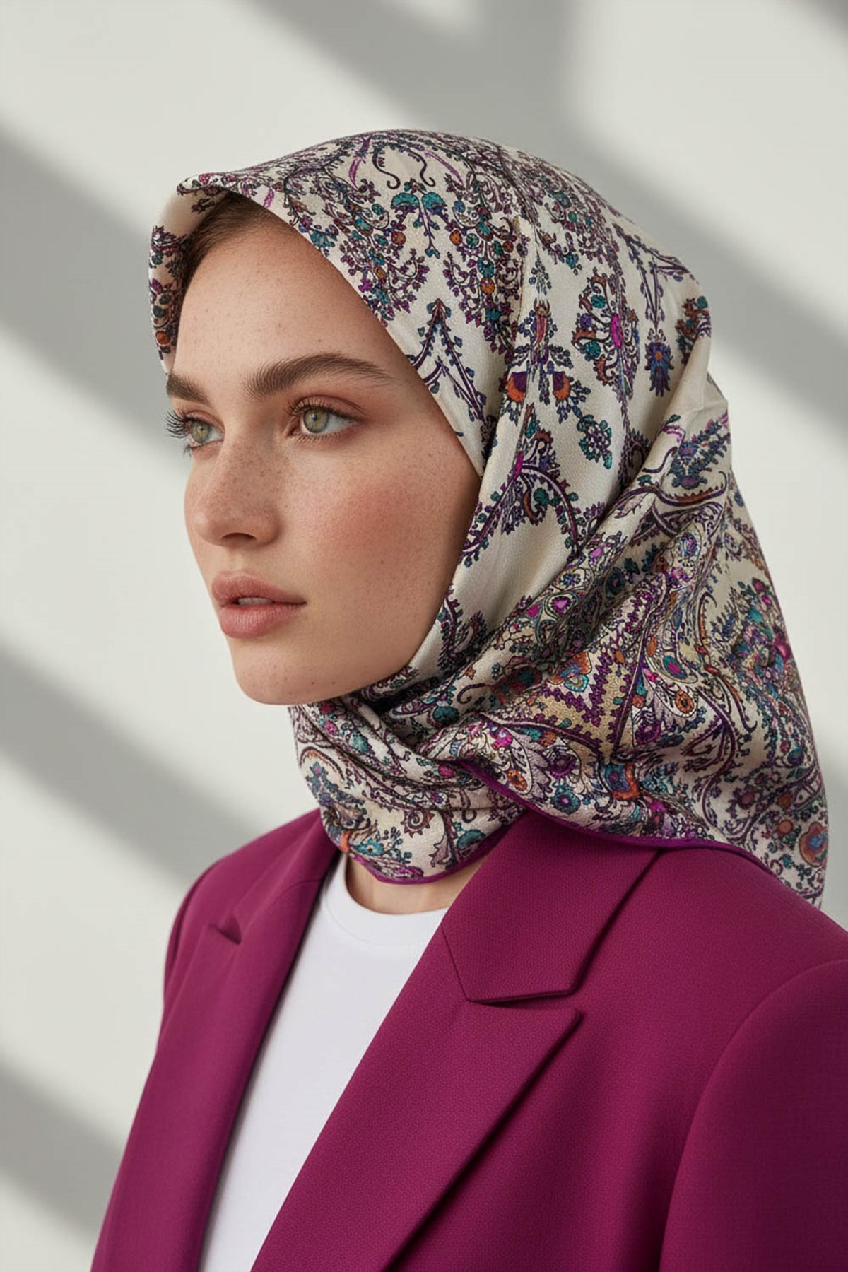 %100 Twill İpek Şal Desenli Krem - Mürdüm Renkli 90x90 Eşarp Dikim Şekli : El Dikişi