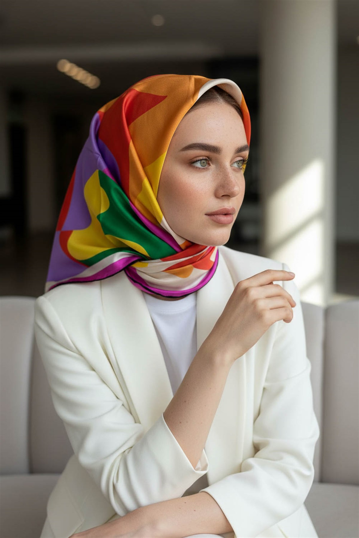 %100 Twill İpek Geometrik Desenli Fuşya Renkli 90x90 Eşarp Dikim Şekli : El Dikişi