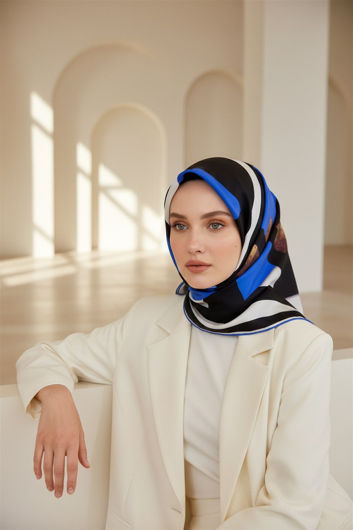 %100 Twill İpek Karo Desenli Saks - Siyah Renkli 90x90 Eşarp Dikim Şekli : El Dikişi