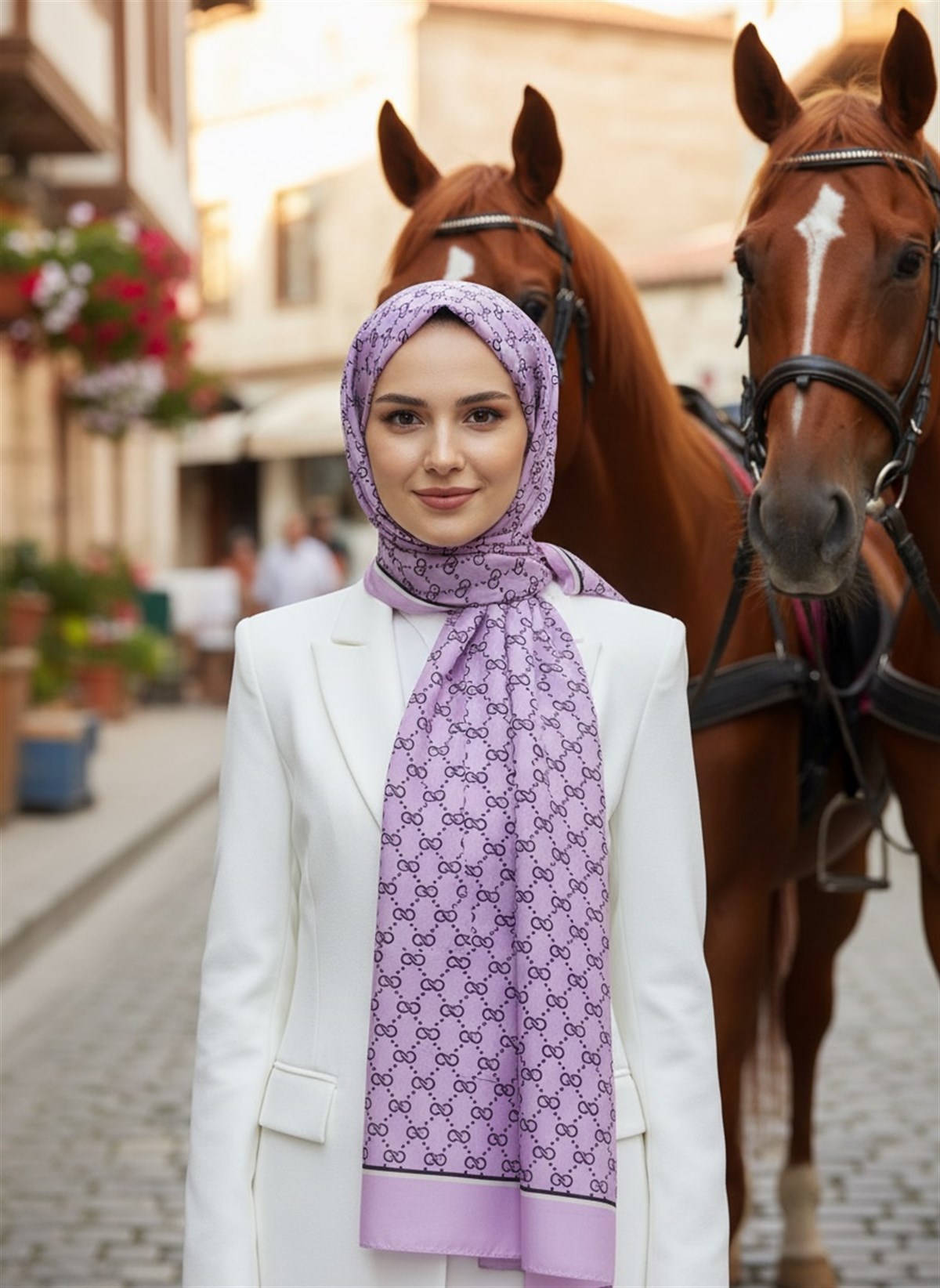 %100 İpek Minik Motif Desenli Pembe Renkli 92x210 Şal