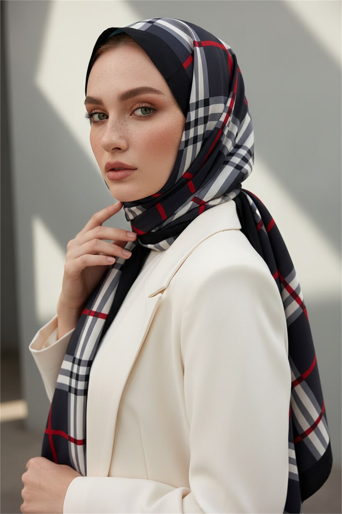Krep Şal 75x195 Füme Ekose Desenli Kırışmaz Kadın Şal