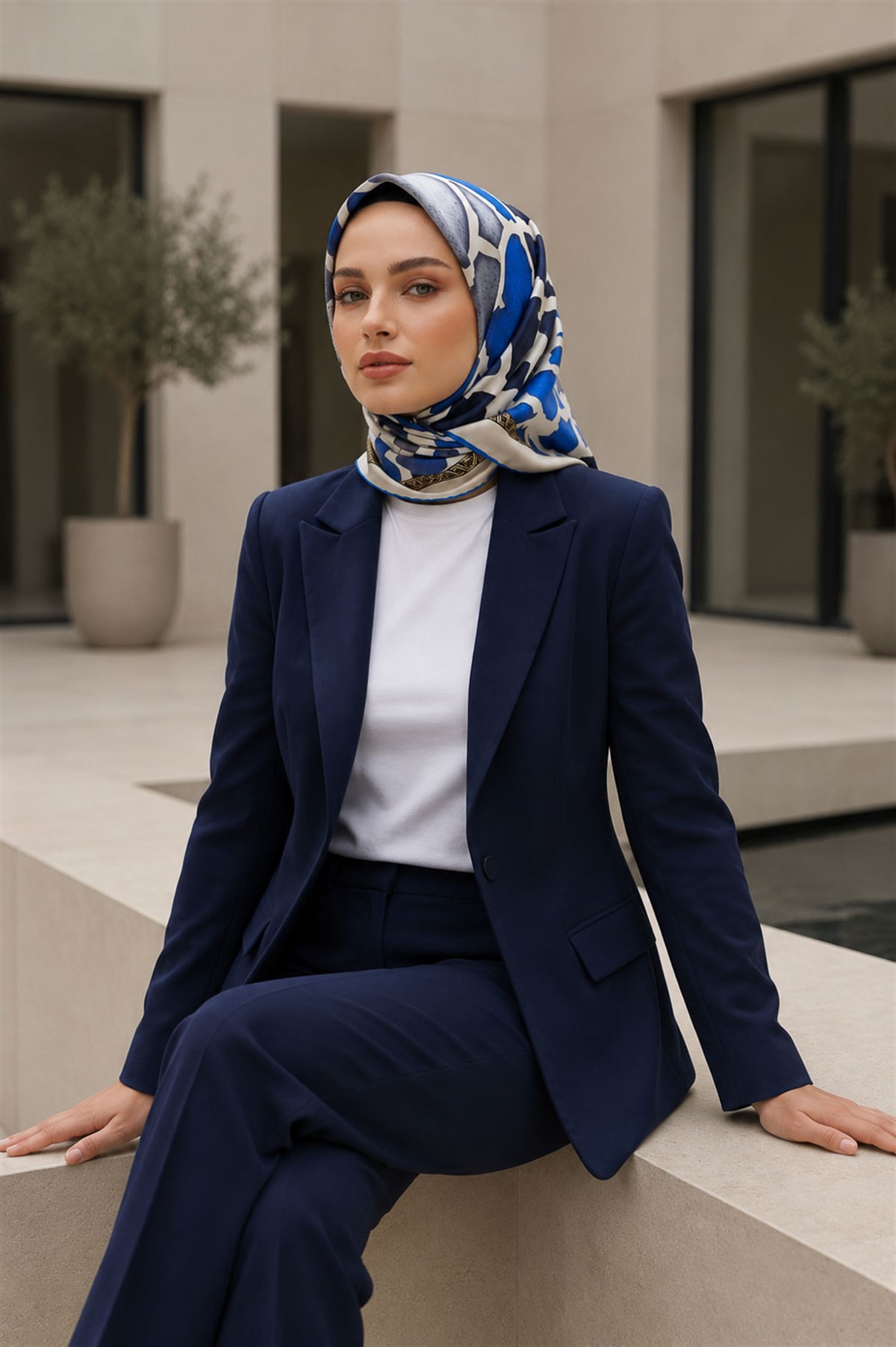%100 Twill İpek Zürafa Desenli Saks - Lacivert Renkli 90x90 Eşarp Dikim Şekli : El Dikişi