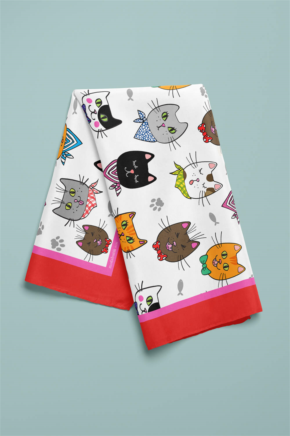 A59 Kadın Kedi Desenli Bandana 50x50 Kırmızı DG0191-22 Snz