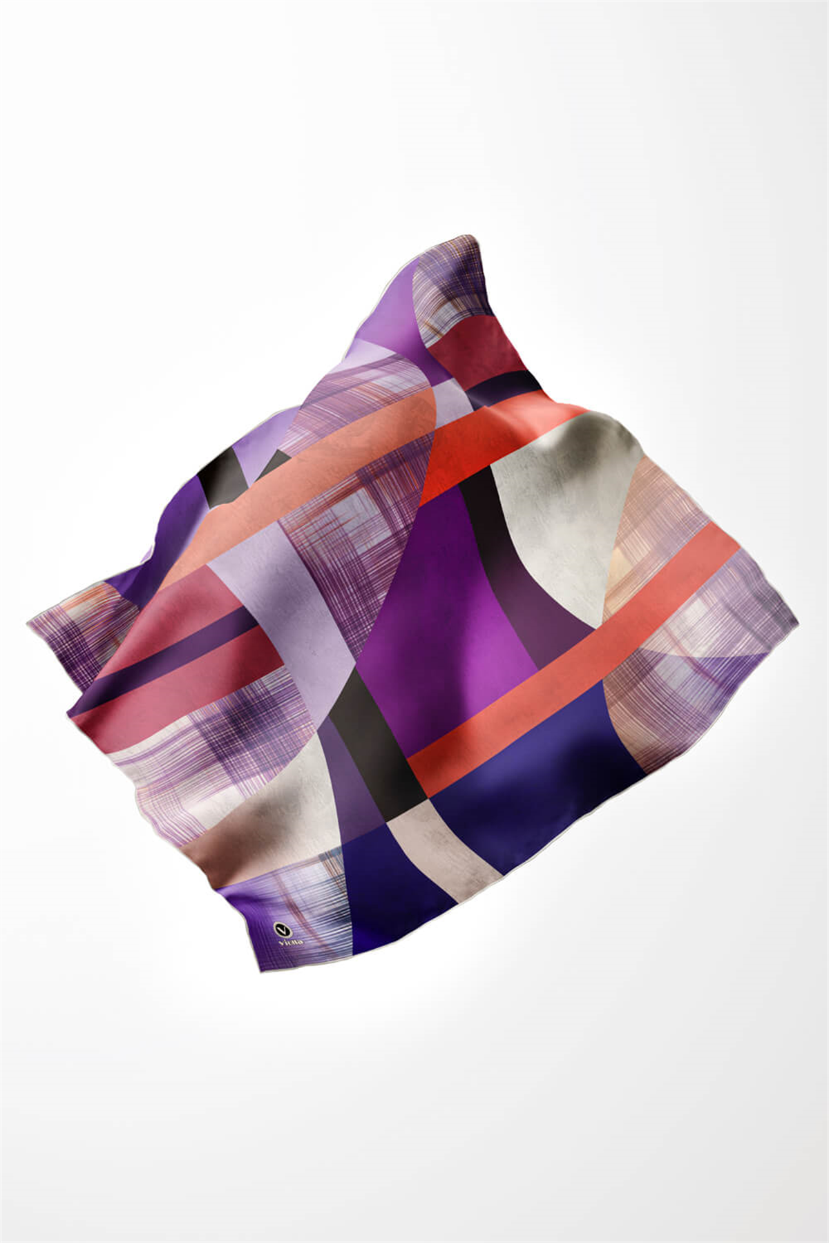 Twill Geometrik Desenli Mor Renkli 90x90 Eşarp (İpek İçermez) Kenar Dikiş Şekli El Dikişli