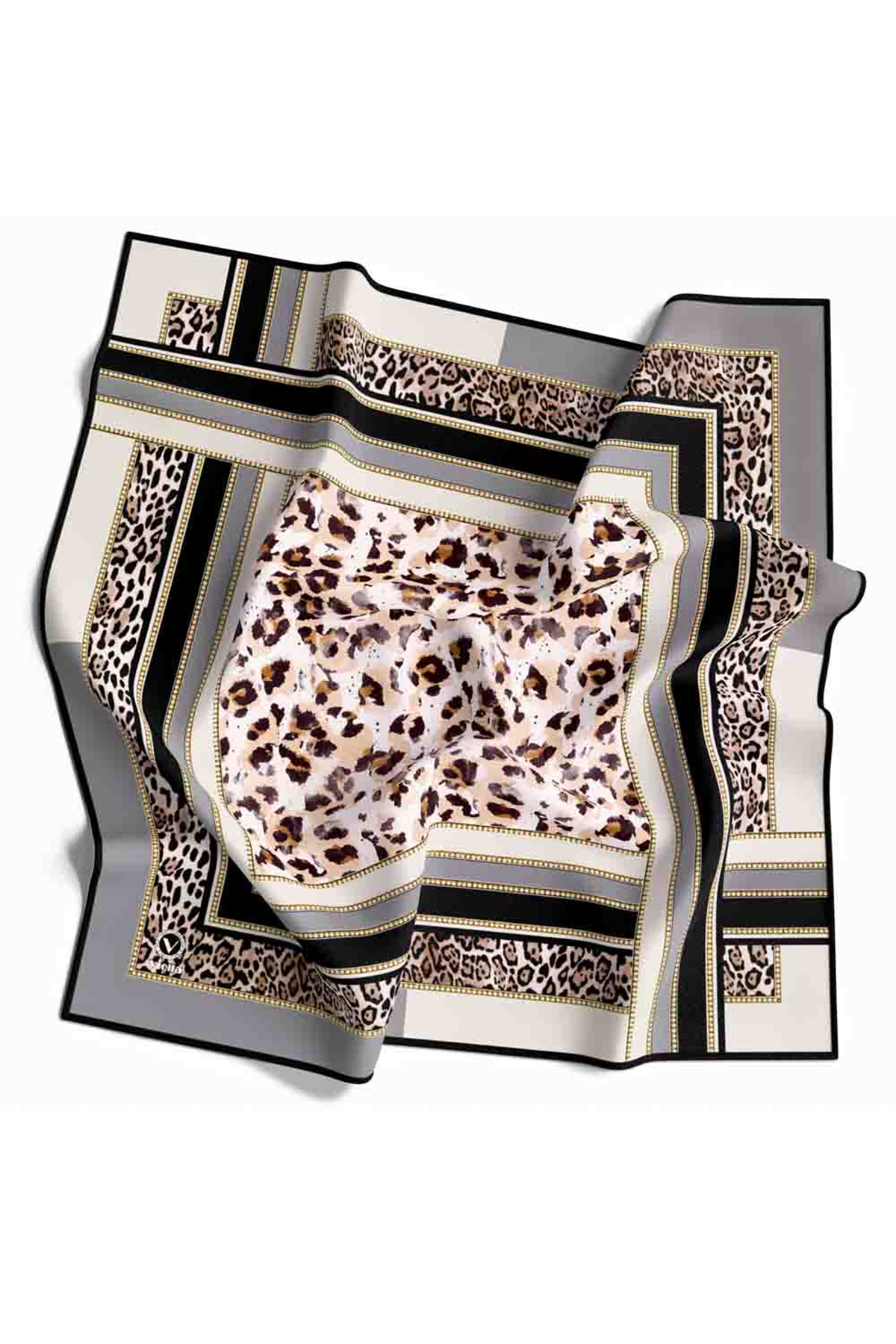 Twill Kemerli ve Leopar Desenli Gri Renkli 90x90 Eşarp (İpek İçermez) Dikim Şekli : El Dikişi
