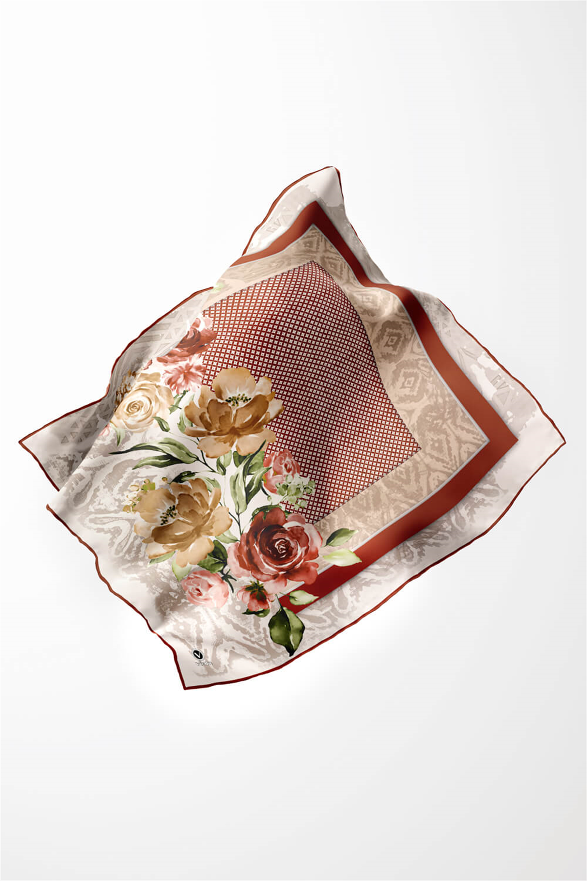Twill Çiçek Desenli Taba Renkli 90x90 Eşarp (İpek İçermez) Kenar Dikiş Şekli El Dikişli