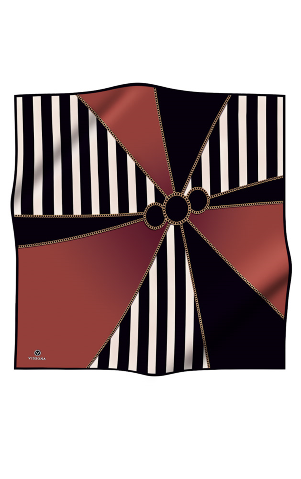 %100 Twill İpek Zincirli Çizgi Desenli Taba - Siyah Renkli 90x90 Eşarp Dikim Şekli : El Dikişi