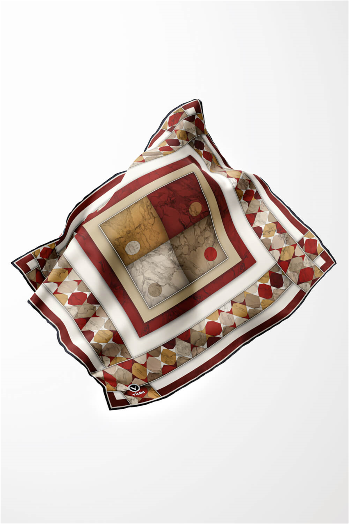 Twill Geometrik Mermer Desenli Bordo Renkli 90x90 Eşarp (İpek İçermez) Kenar Dikiş Şekli El Dikişli