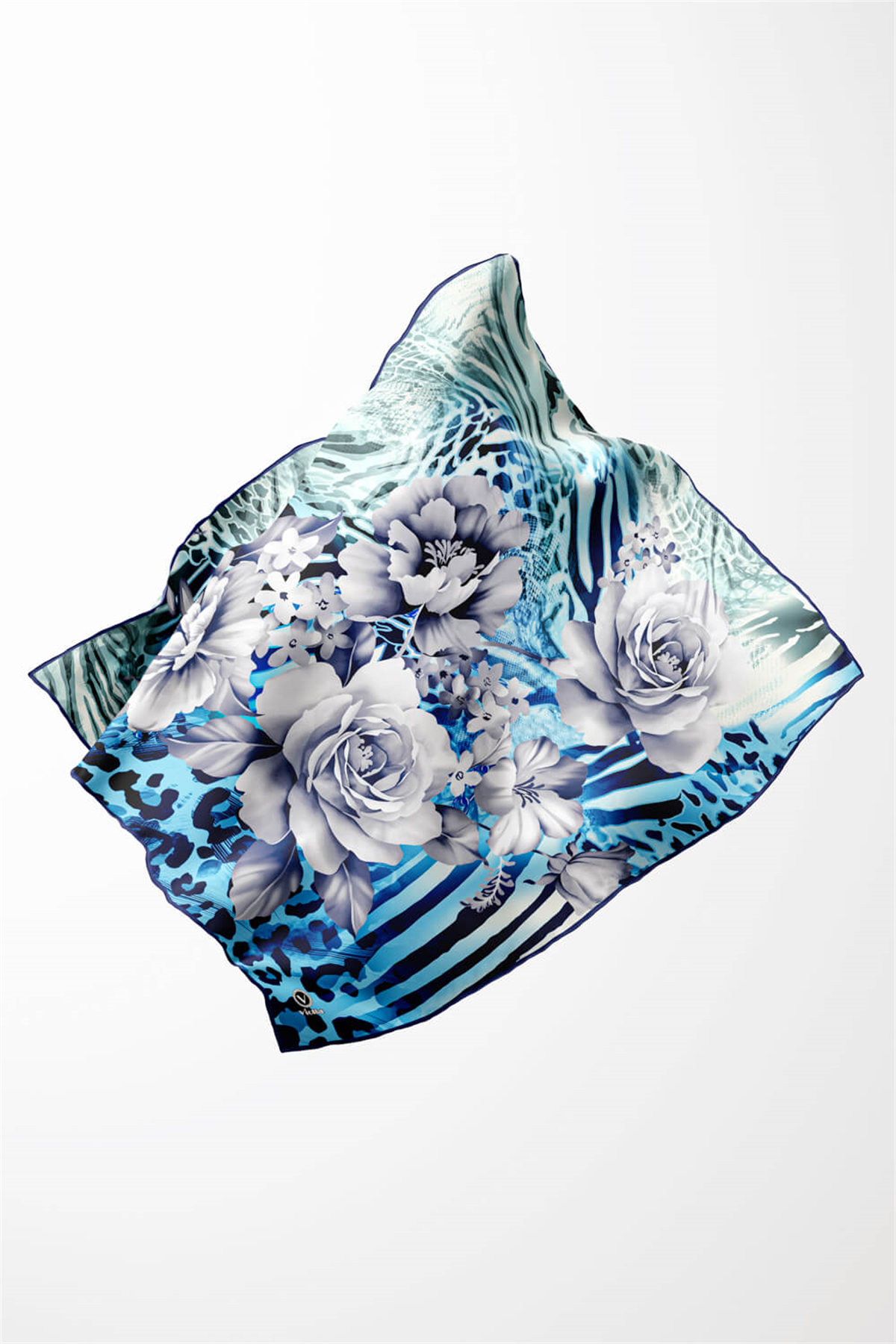 Twill Renkli Şerit Desenli Bebe Mavisi - Mint Yeşili Renkli 90x90 Eşarp (İpek İçermez) Kenar Dikiş Şekli El Dikişli