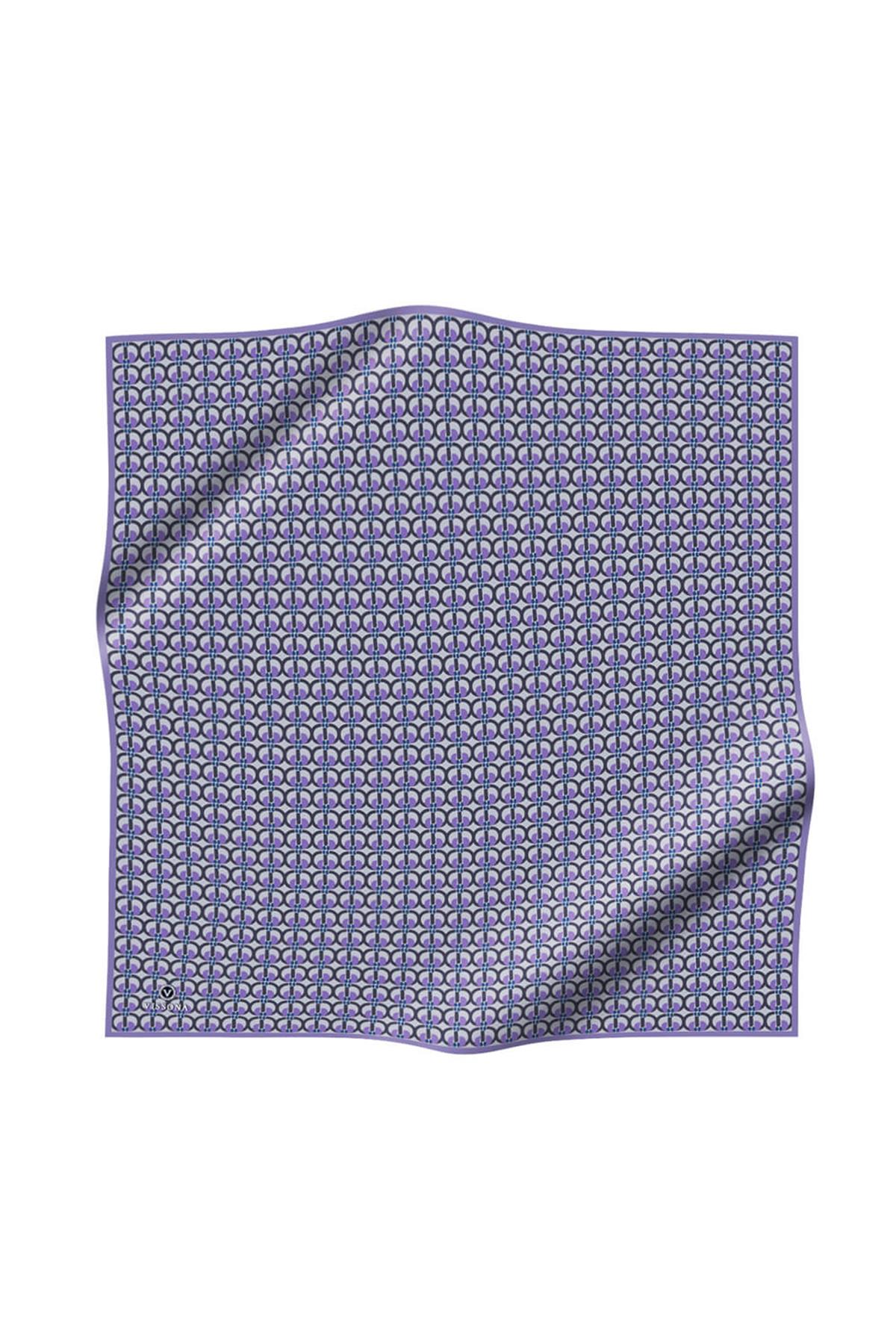 %100 Twill İpek Geometrik Desenli Lila Renkli 90x90 Eşarp Dikim Şekli : El Dikişi
