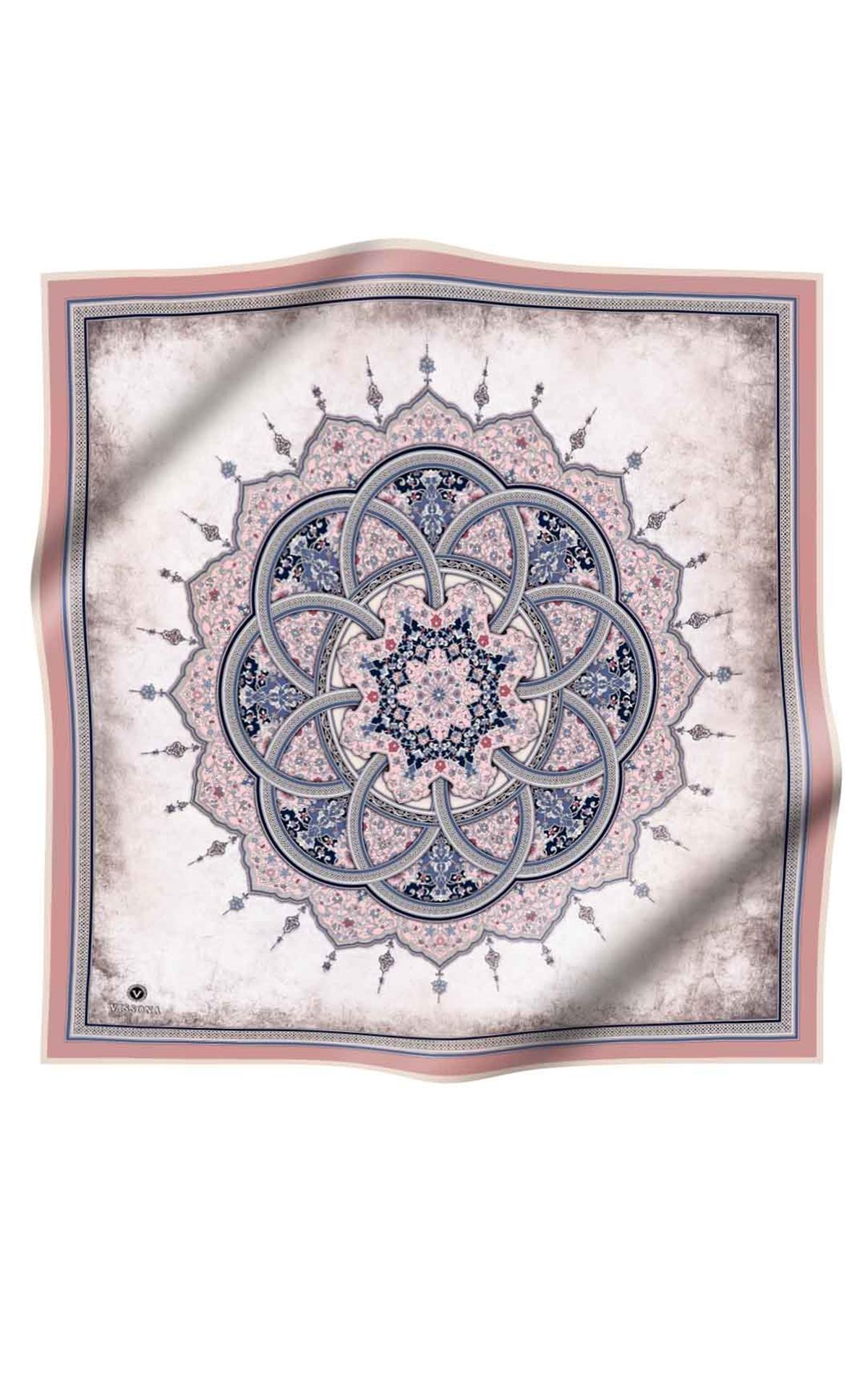 %100 Twill İpek Şal Desenli Pudra - Bebe Mavisi Renkli 90x90 Eşarp Dikim Şekli : El Dikişi