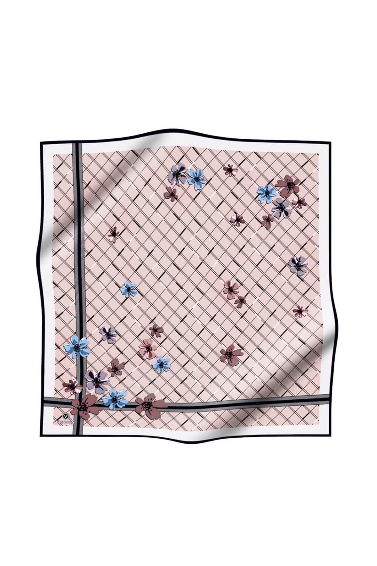 %100 Twill İpek Çıtır Çiçek Desenli Pudra - Bebe Mavisi Renkli 90x90 Eşarp Dikim Şekli : El Dikişi