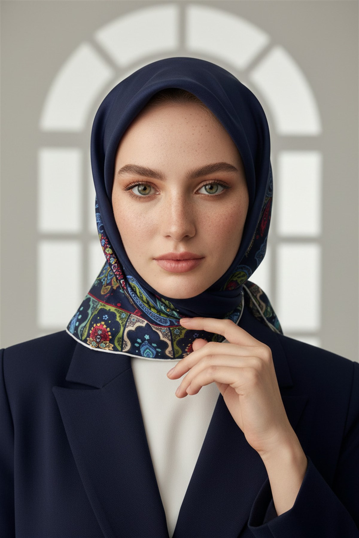 100% Twill İpek Etnik Desenli Lacivert - Bordo Renkli 90x90 Dikim Şekli : El Dikişi Eşarp
