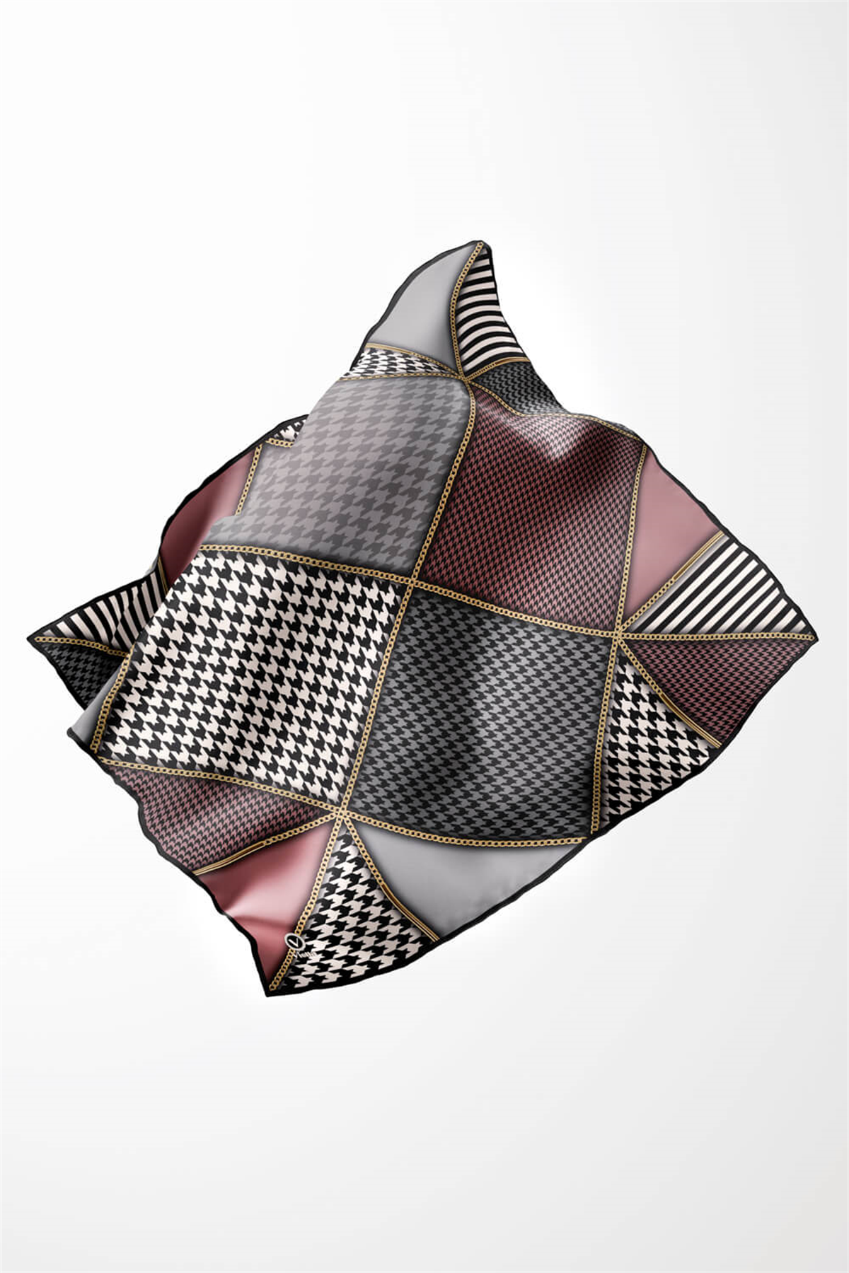 Twil Geometrik Ve Kazayak Desenli Pudra - Gri Renkli 90x90 Eşarp (İpek İçermez) Dikim Şekli : El Dikişi