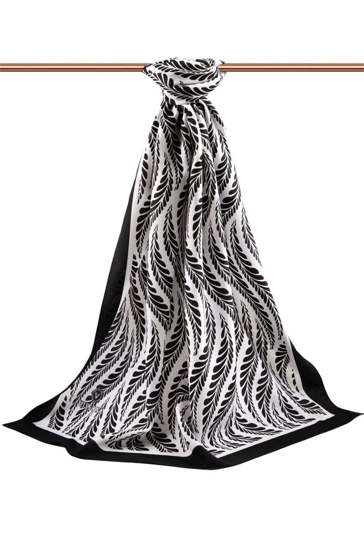 LÜKS MEDİNE İPEĞİ GEOMETRİK DESENLİ SİYAH - BEYAZ RENKLİ 75X195 KIRIŞMAZ ŞAL MOSS KREP DİKİŞ TİPİ İTALYAN DİKİŞLİ
