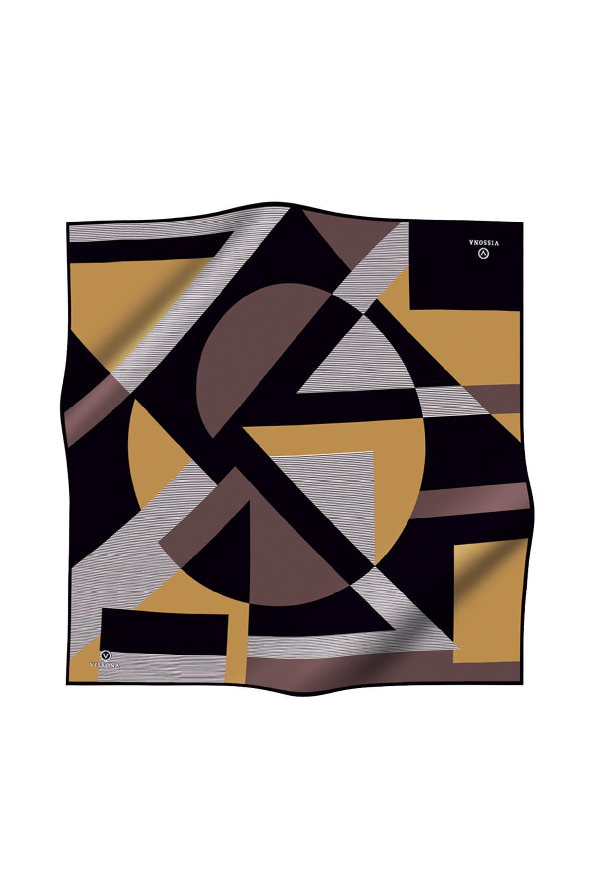 %100 Twill İpek Geometrik Çizgi Desenli Siyah - Gold Renkli 90x90 Eşarp Kenar Dikiş Şekli El Dikişli