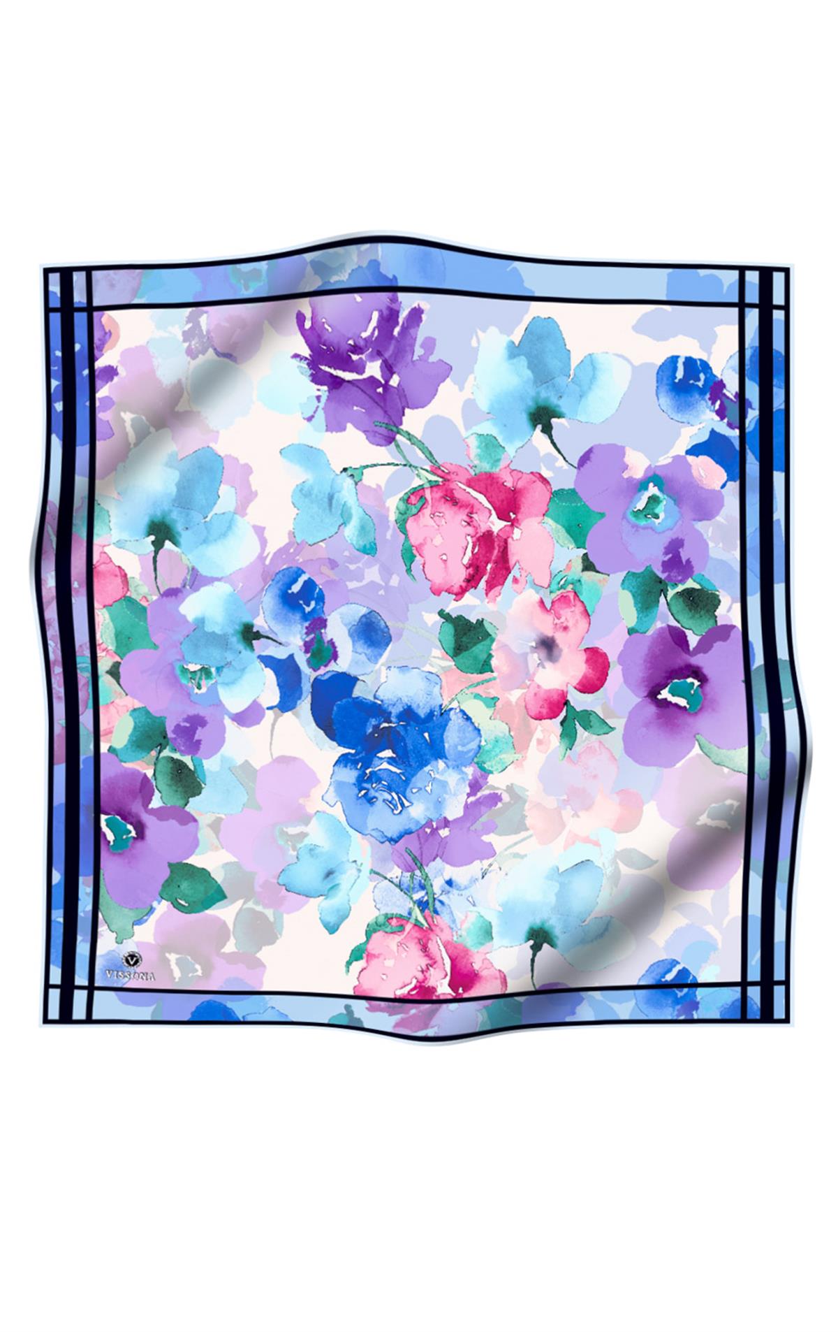 %100 Twill İpek Sulu Boyalı Çiçek Desenli Bebe Mavisi - Pembe Renkli 90x90 Eşarp Dikim Şekli : El Dikişi