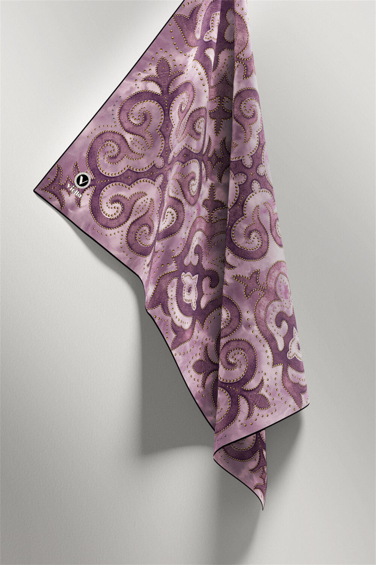 Twill Barok Desenli Lila Renkli 90x90 Eşarp (İpek İçermez) Kenar Dikiş Şekli El Dikişli