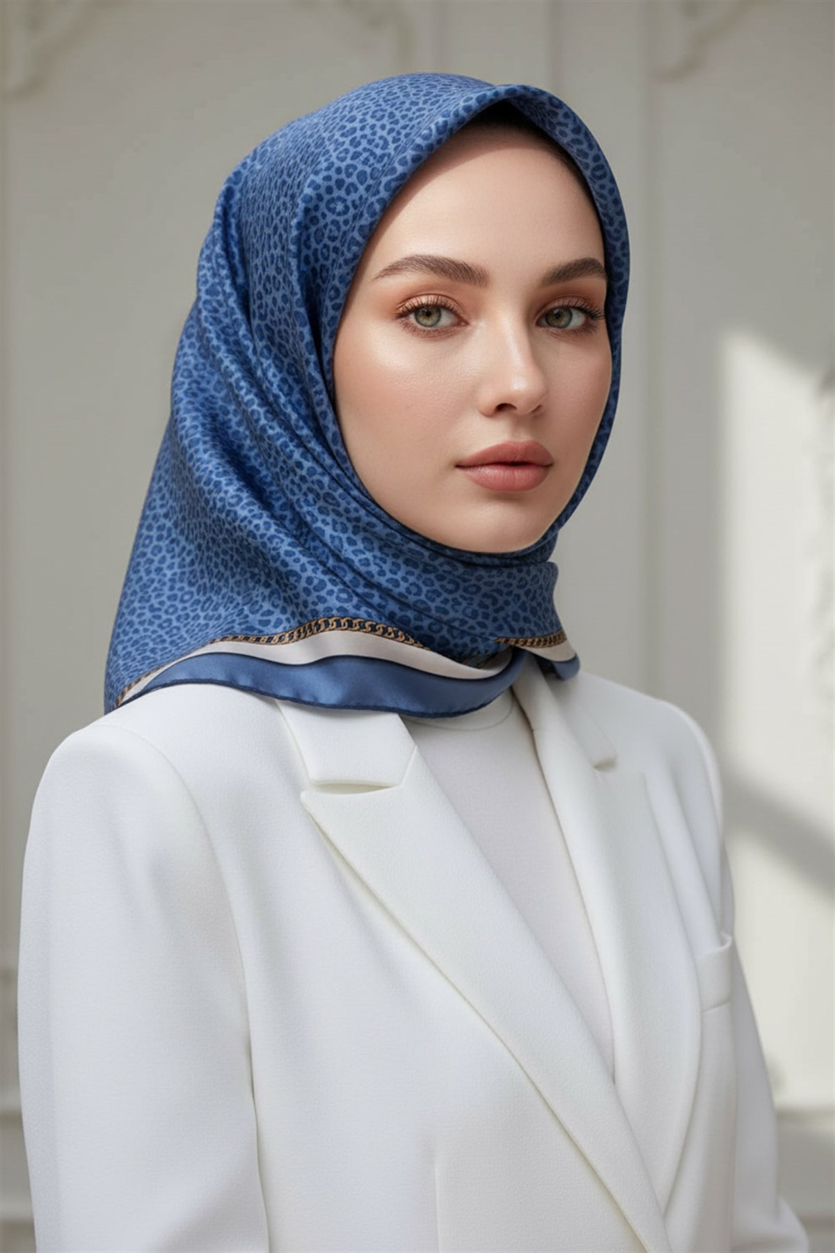 %100 Twill İpek Leopar Desenli İndigo - Krem Renkli 90x90 Eşarp Dikim Şekli : El Dikişi