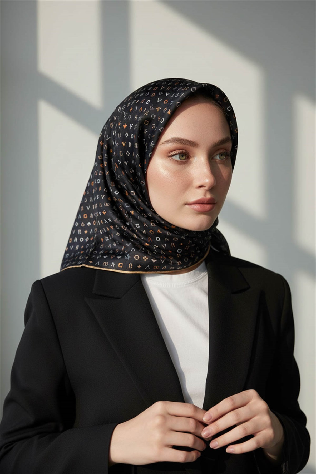%100 Twill İpek Çıtır Motif Desenli Siyah - Bej Renkli 90x90 Eşarp Dikim Şekli : El Dikişi