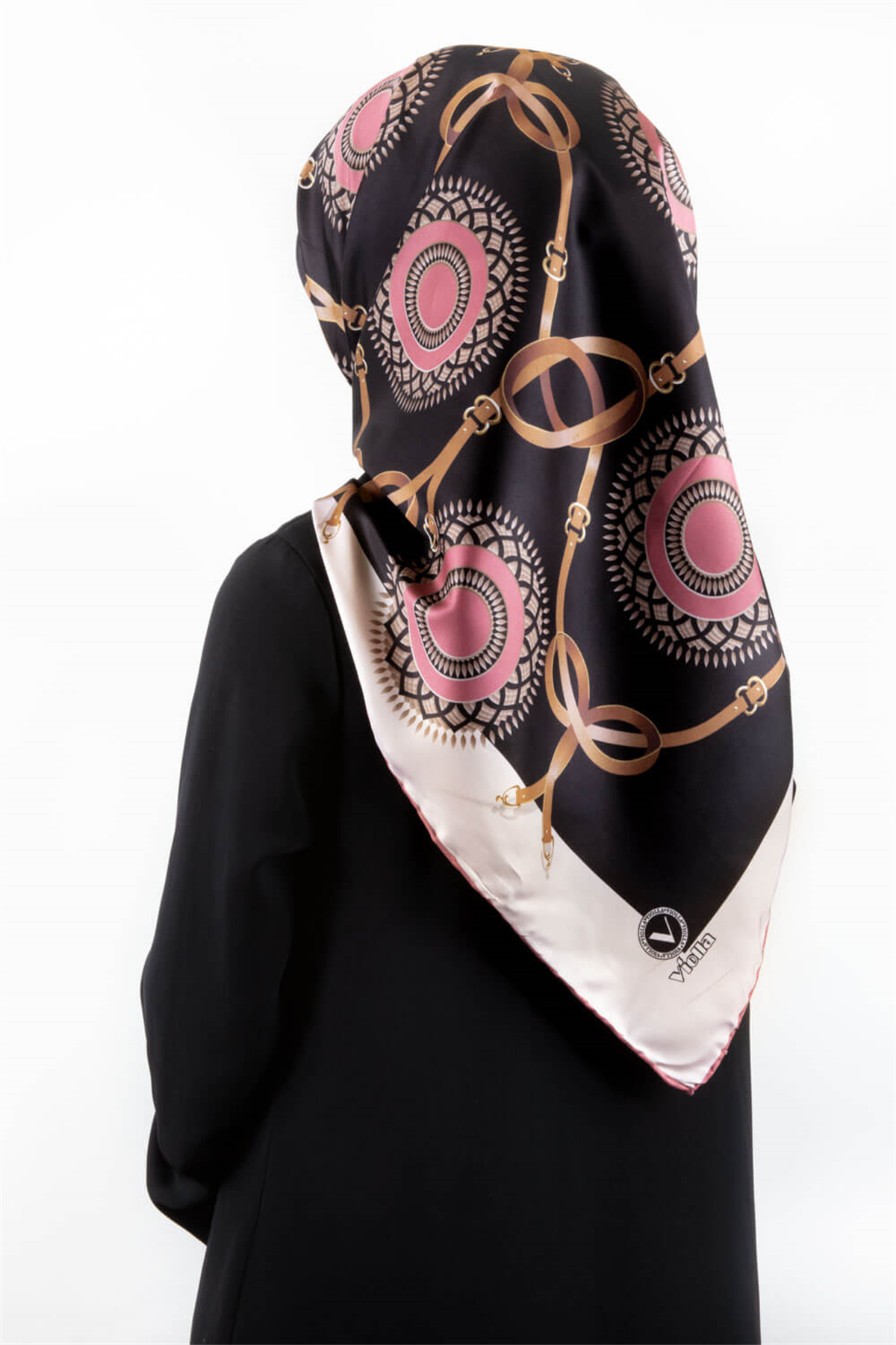 Twill Kemerli Ve Geometrik Desenli Gül Kurusu Renkli 90x90 Eşarp (İpek İçermez) Kenar Dikiş Şekli El Dikişli