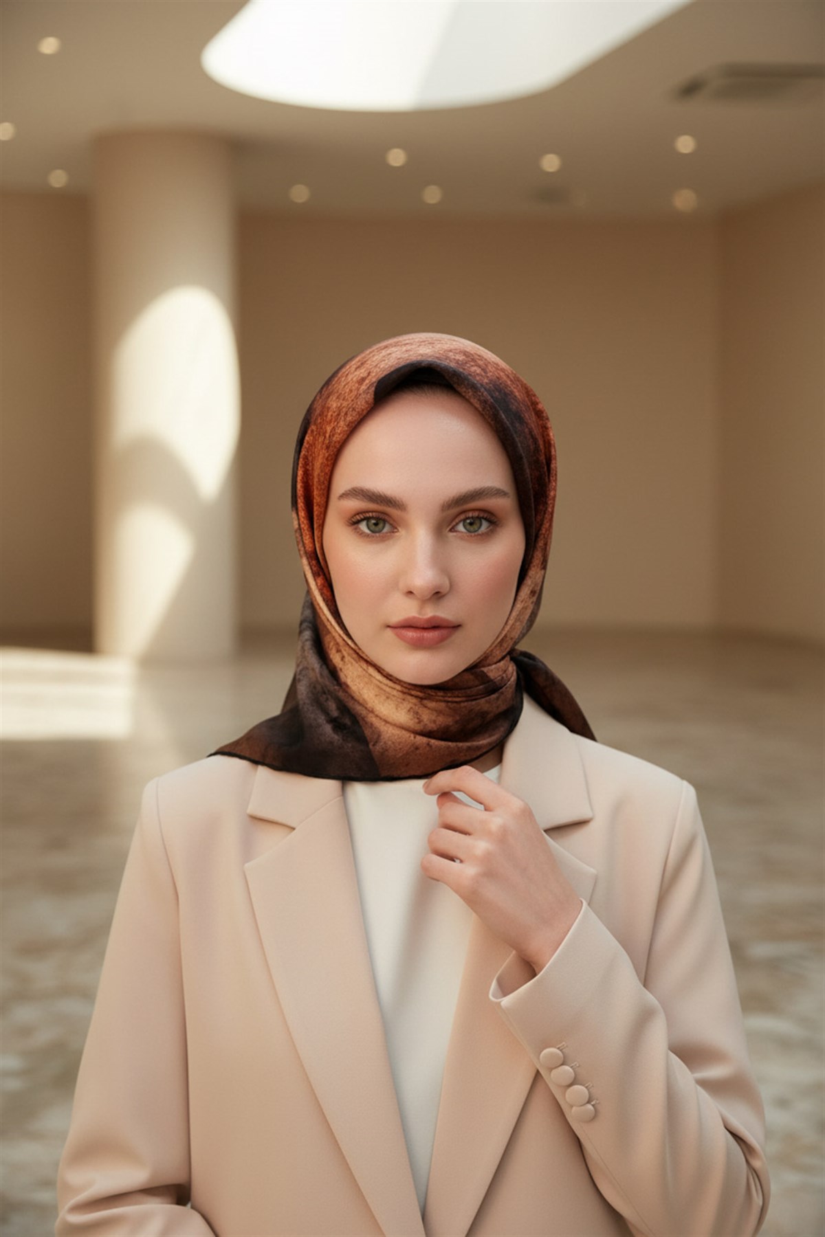 % 57 İPEK % 43 VİSKON Twill İpek Dokulu Ve Geometrik Desenli Taba - Hardal Renkli 90x90 Eşarp Dikim Şekli : El Dikişi