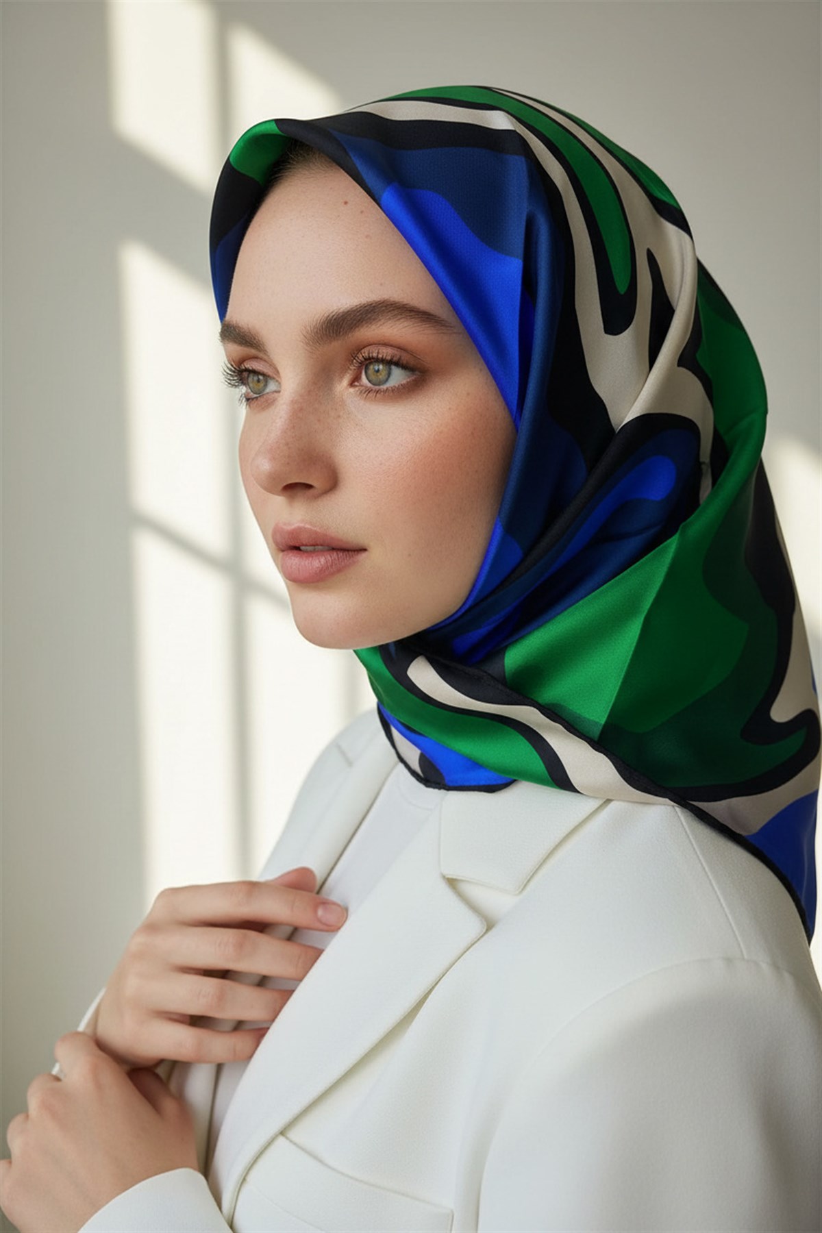 % 57 İPEK % 43 VİSKON Twill İpek Dalga Desenli Saks - Zümrüt Yeşili Renkli 90x90 Dikim Şekli : El Dikişi Eşarp