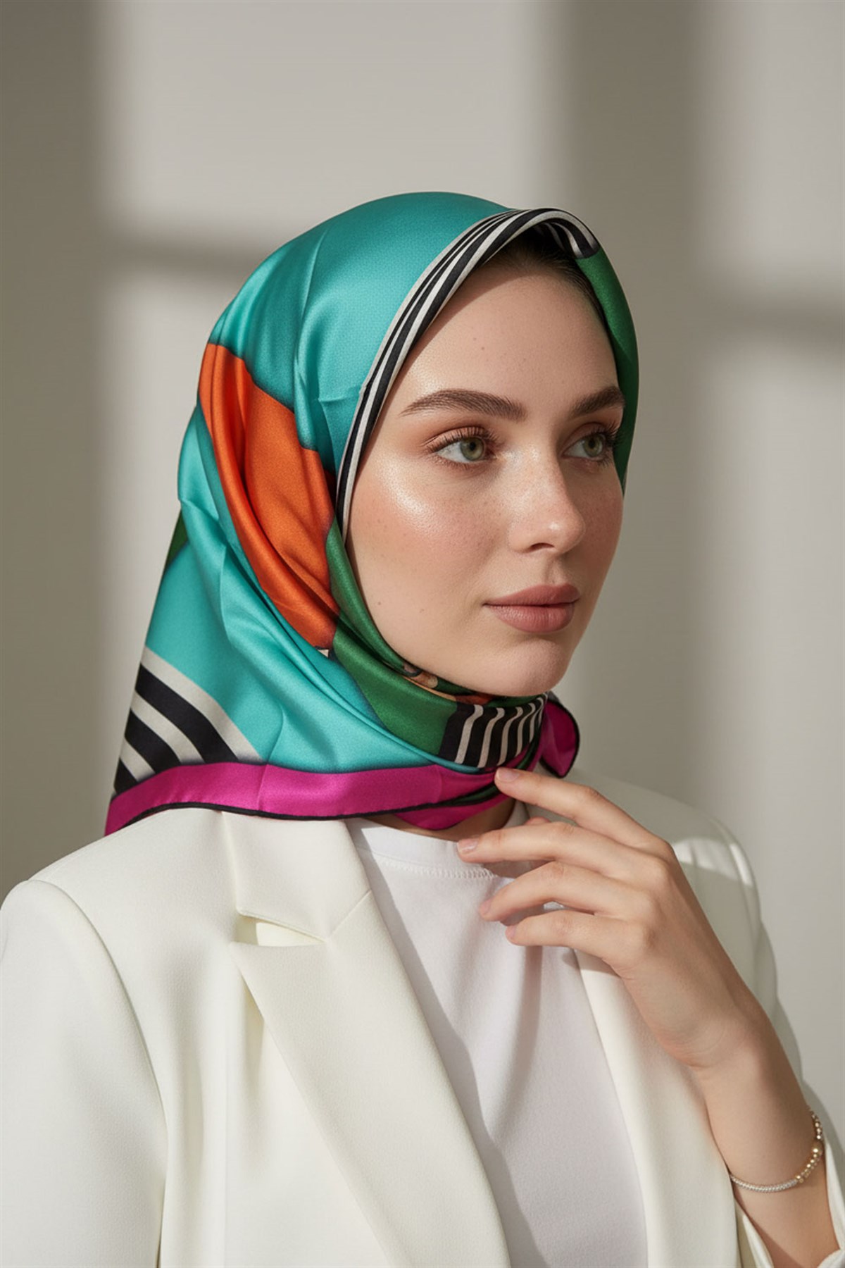 %100 Twill İpek Çizgili ve Geometrik Desenli Zümrüt Yeşili - Fuşya Renkli 90x90 Eşarp Dikim Şekli : El Dikişi