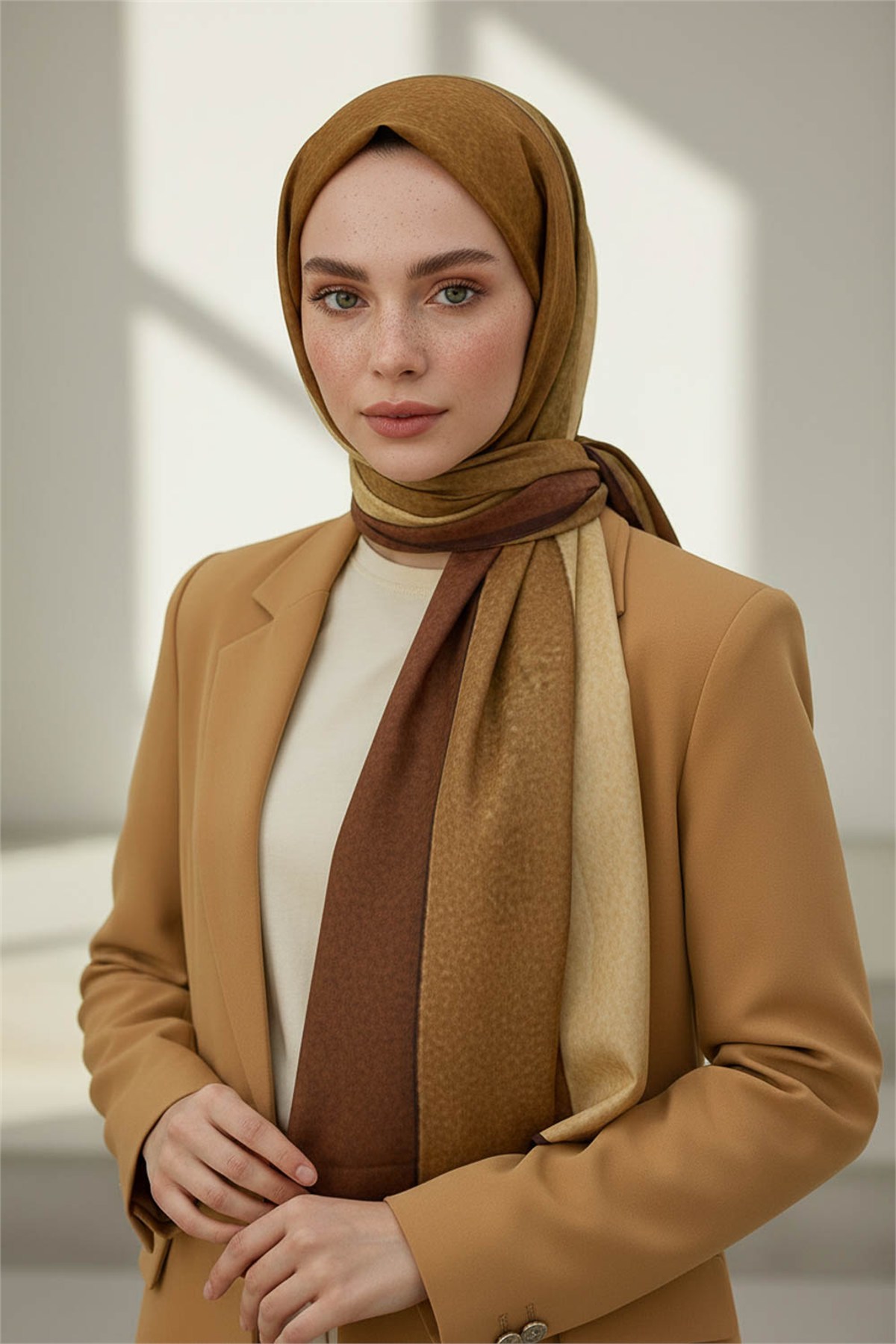 KREP DALGA DESENLİ TABA RENKLİ 75X195 KIRIŞMAZ ŞAL