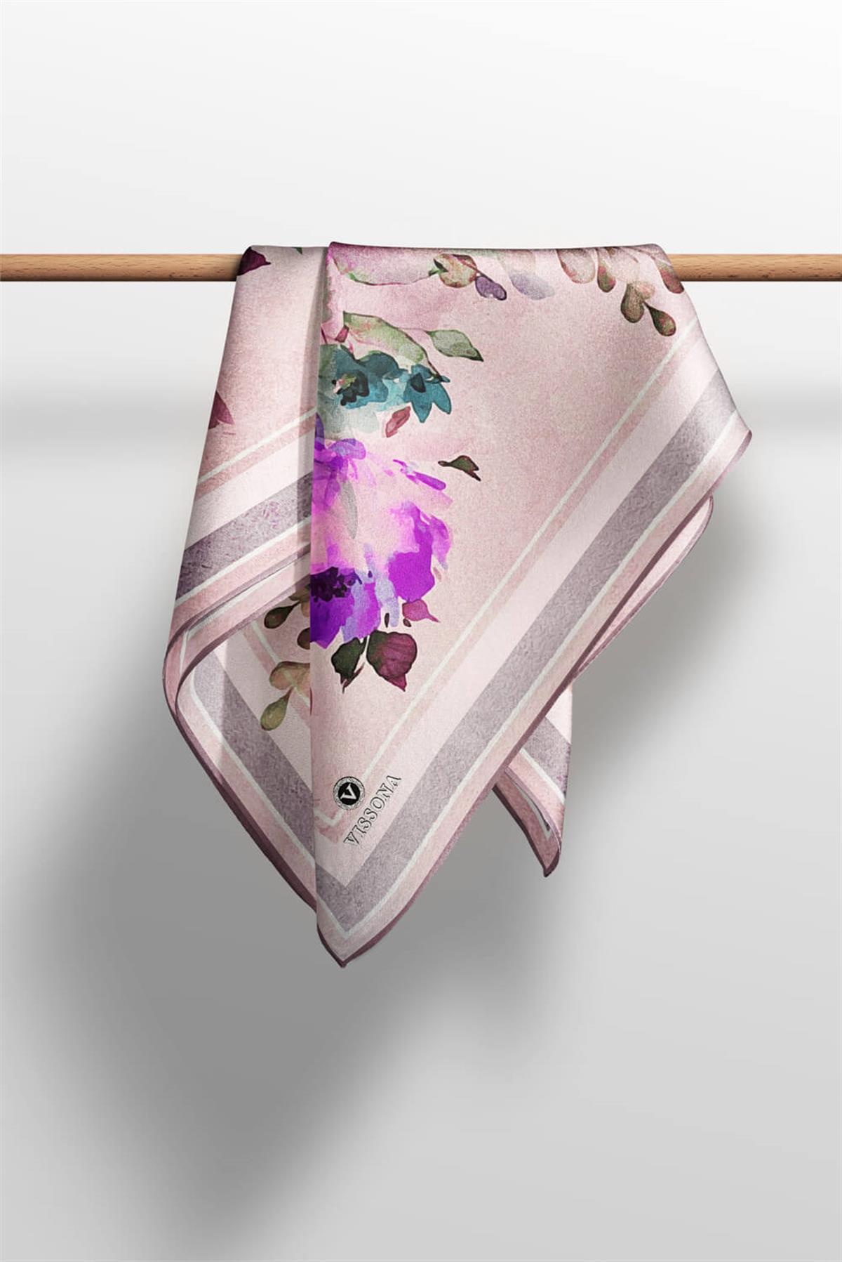 %100 Twill İpek Bahar Çiçekleri Desenli Fuşya - Petrol Mavisi Renkli 90x90 Eşarp Dikim Şekli : El Dikişi
