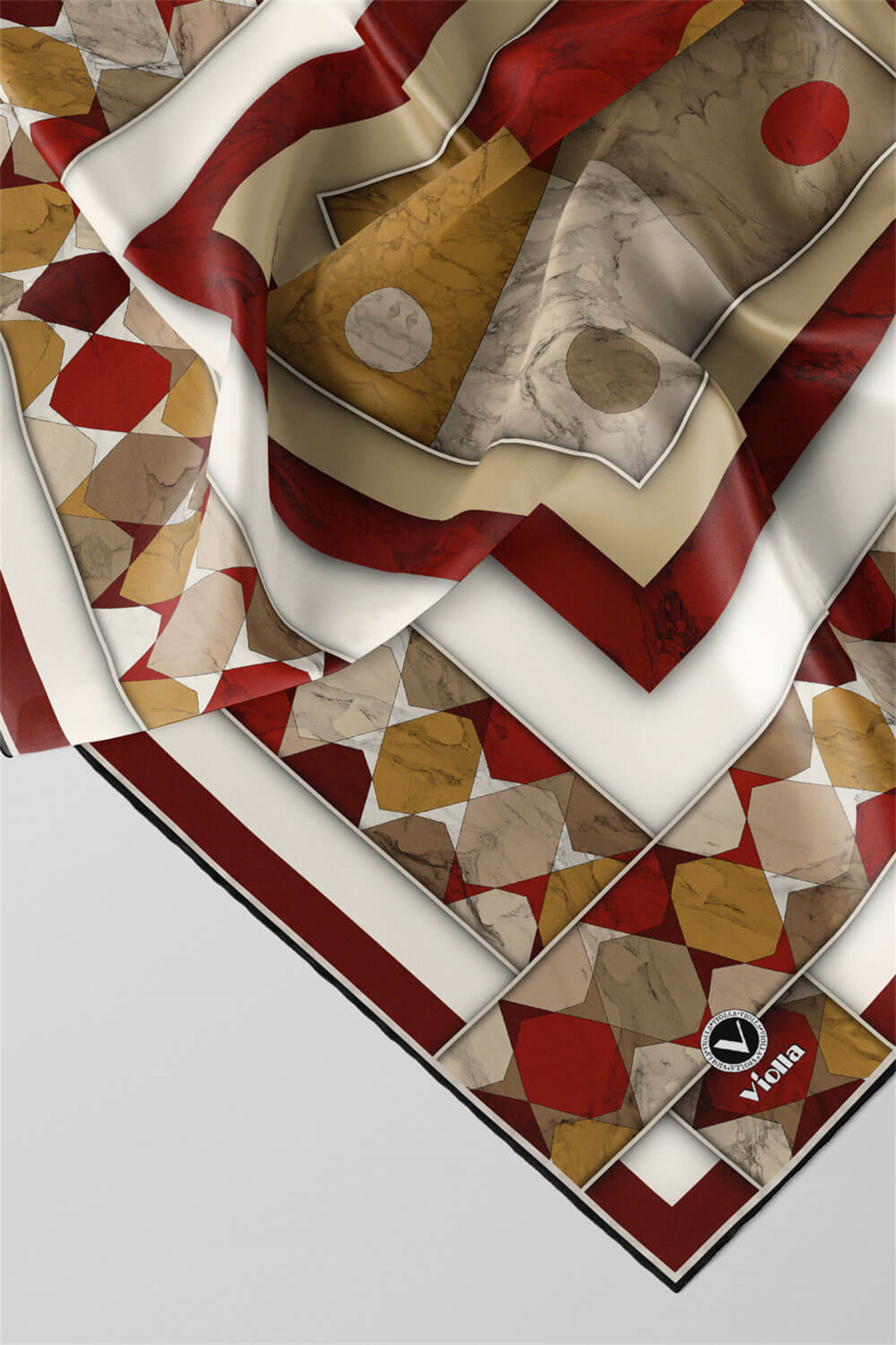 Twill Geometrik Mermer Desenli Bordo Renkli 90x90 Eşarp (İpek İçermez) Kenar Dikiş Şekli El Dikişli