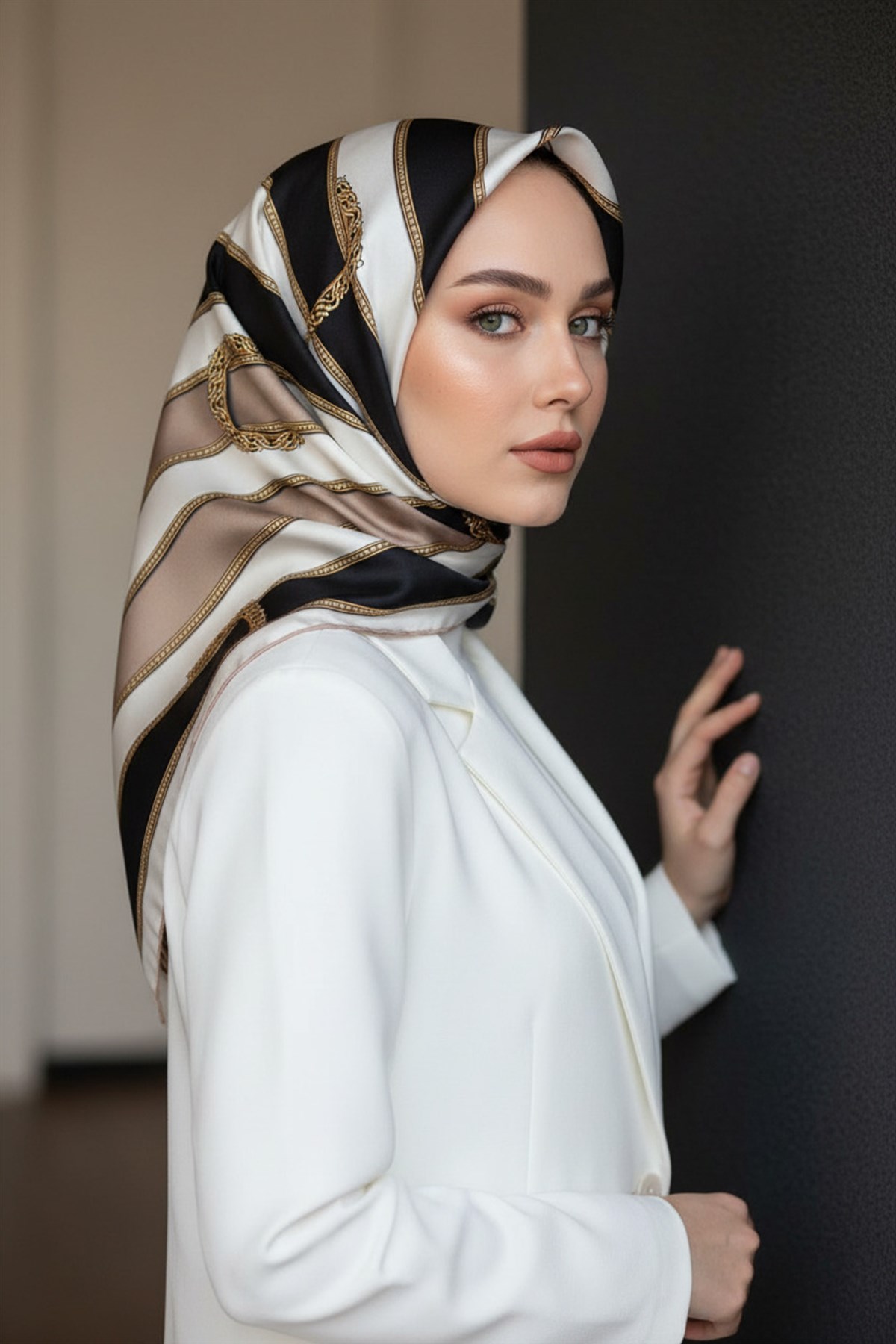 %100 Twill İpek Kemer Desenli Siyah - Vizon Renkli 90x90 Eşarp Dikim Şekli : El Dikişi