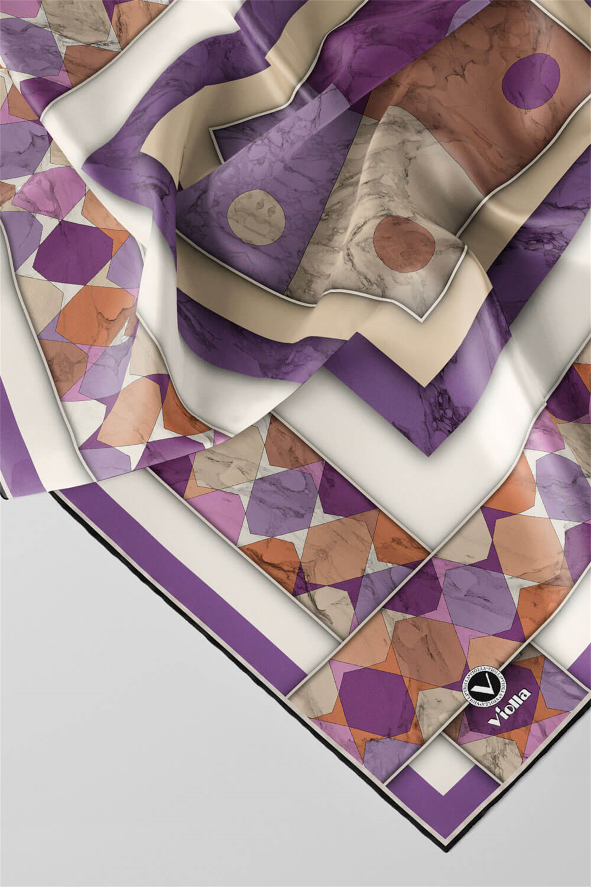 Twill Geometrik Mermer Desenli Lila Renkli 90x90 Eşarp (İpek İçermez) Kenar Dikiş Şekli El Dikişli