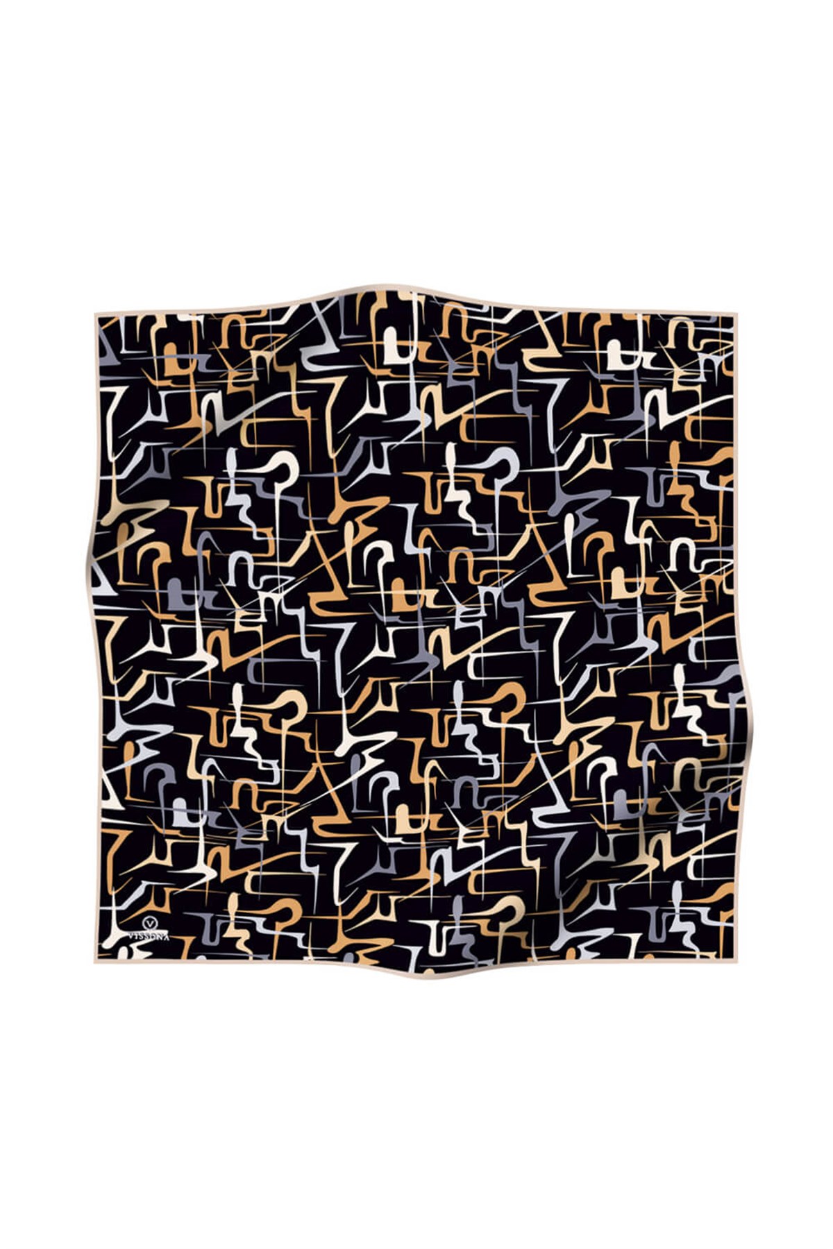 % 57 İPEK % 43 VİSKON Twill İpek Soyut Geometrik Desenli Gold - Gri Renkli 90x90 Eşarp Dikim Şekli : El Dikişi
