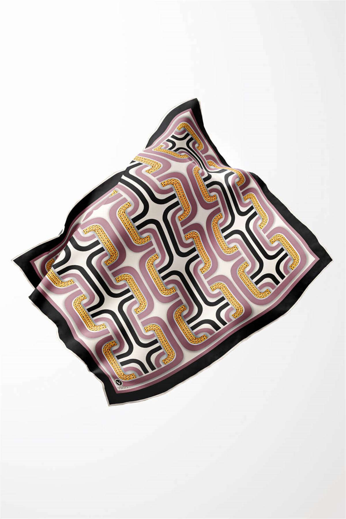 Twill Geometrik Zincir Desenli Pembe Renkli 90x90 Eşarp (İpek İçermez) Kenar Dikiş Şekli El Dikişli