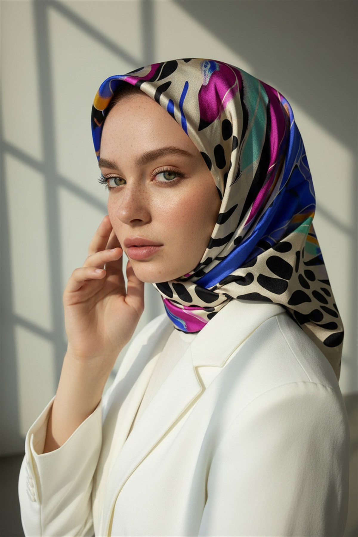 %100 Twill İpek Amazon Desenli Saks - Fuşya Renkli 90x90 Eşarp Kenar Dikiş Şekli El Dikişli