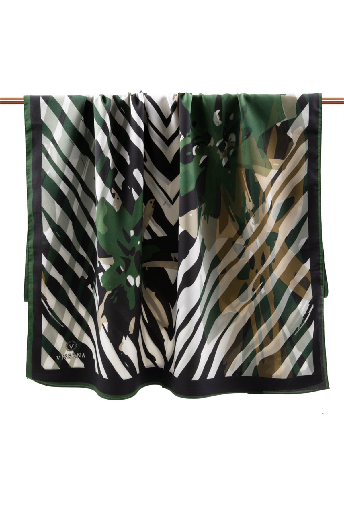 LÜKS MEDİNE İPEĞİ ZEBRA VE ÇİÇEK DESENLİ ZÜMRÜT YEŞİLİ RENKLİ 75X195 KIRIŞMAZ ŞAL MOSS KREP DİKİŞ TİPİ İTALYAN DİKİŞLİ