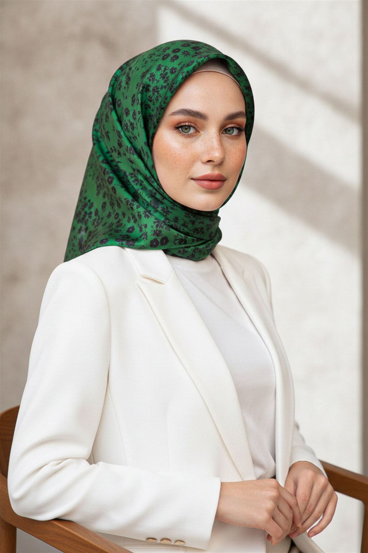 %100 Twill İpek Çıtır Çiçek Desenli Zümrüt Yeşili - Siyah Renkli 90x90 Eşarp Dikim Şekli : El Dikişi