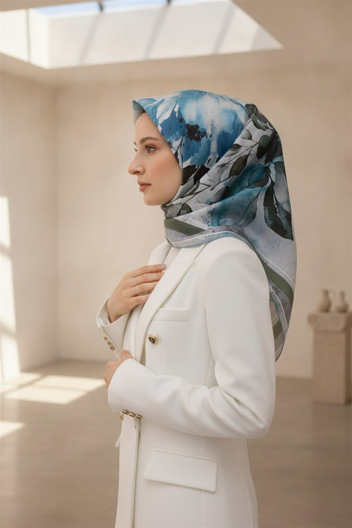 %100 Twill İpek Bahar Çiçekleri Desenli Petrol Yeşili - Haki Renkli 90x90 Eşarp Dikim Şekli : El Dikişi