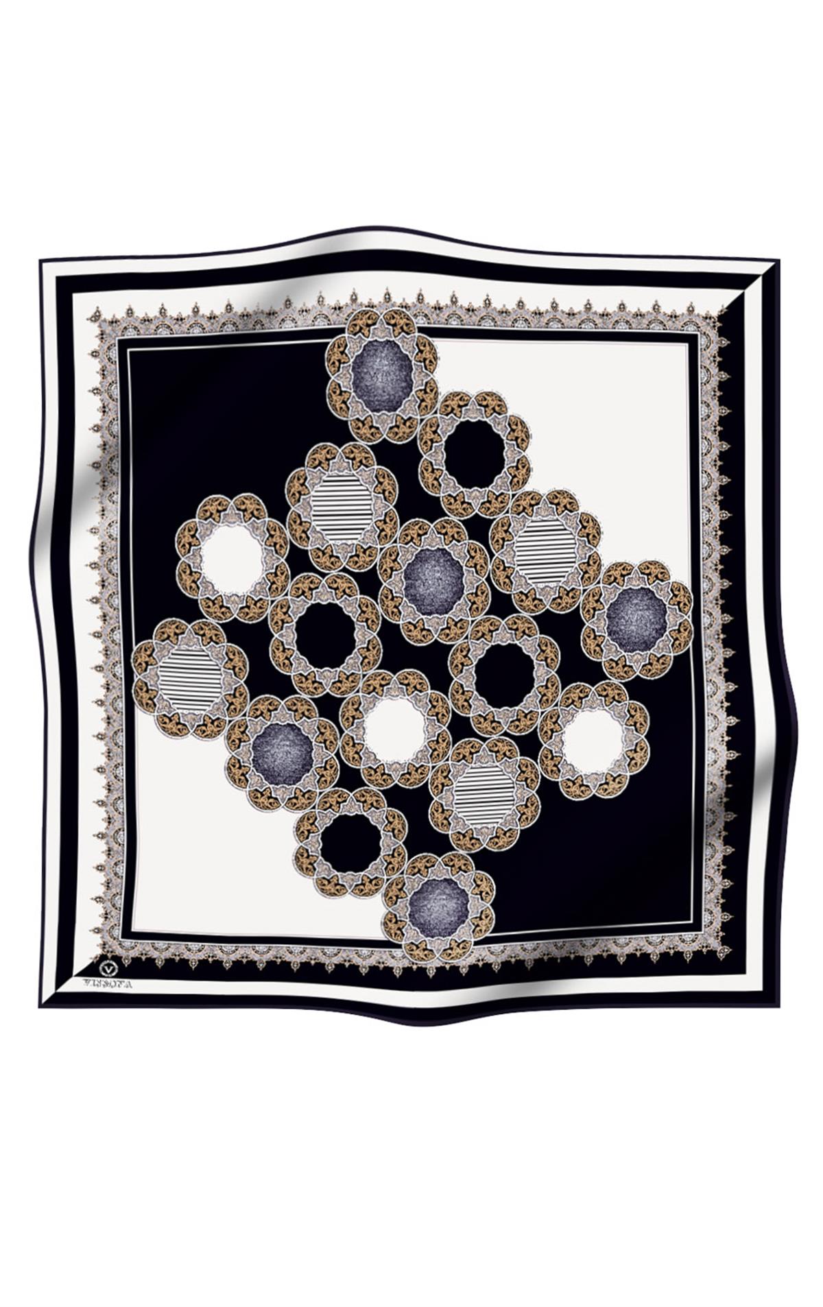 %100 Twill Türk Motifi  Desenli Siyah - Krem Renkli 90x90 Eşarp Dikim Şekli: El Dikişi